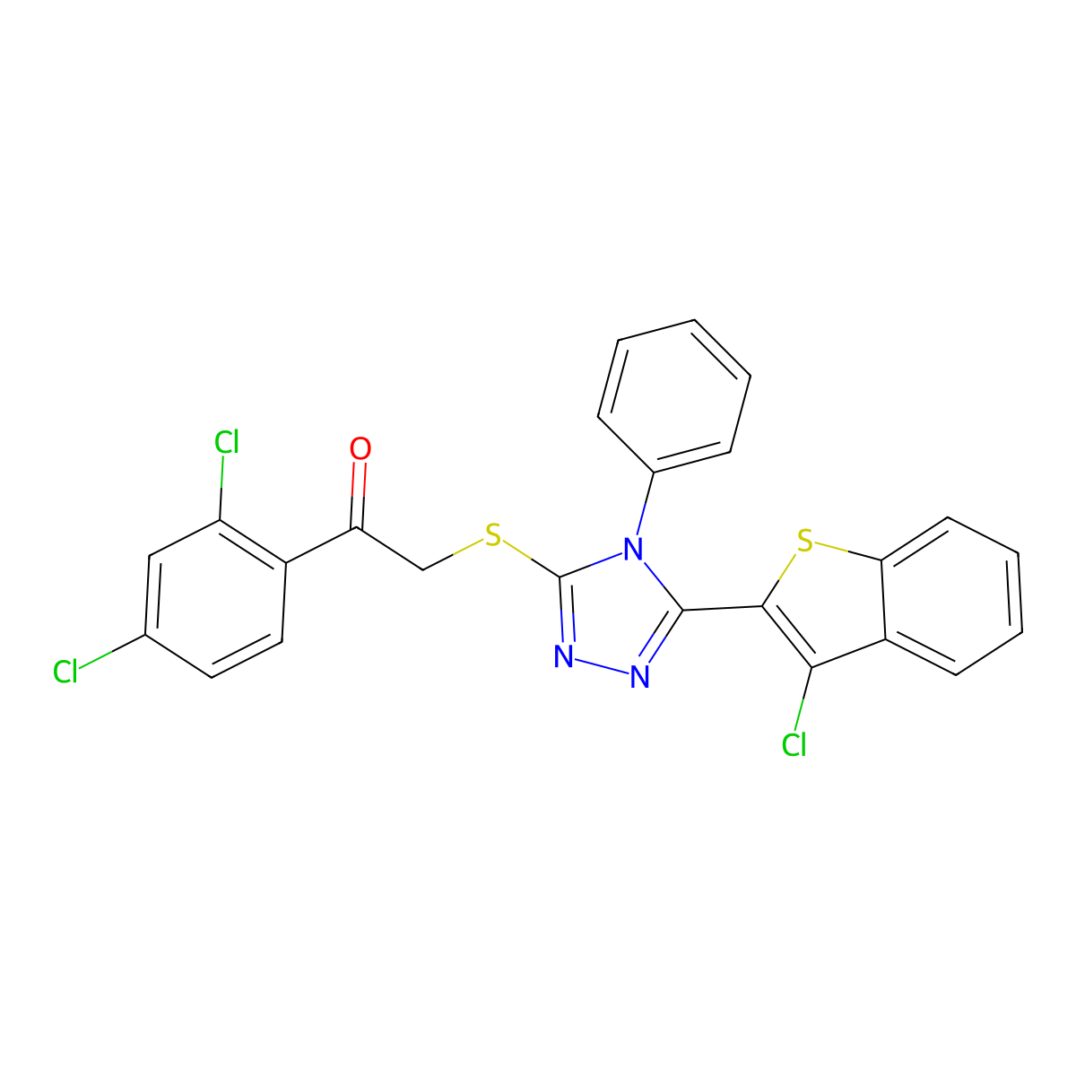 2-((5-(3-chlorobenzo[b]thiophen-2-yl)-4-phenyl-4H-1,2,4-triazol-3-yl)thio)-1-(2,4-dichlorophenyl)ethanone molecular structure, CAS 496777-18-5