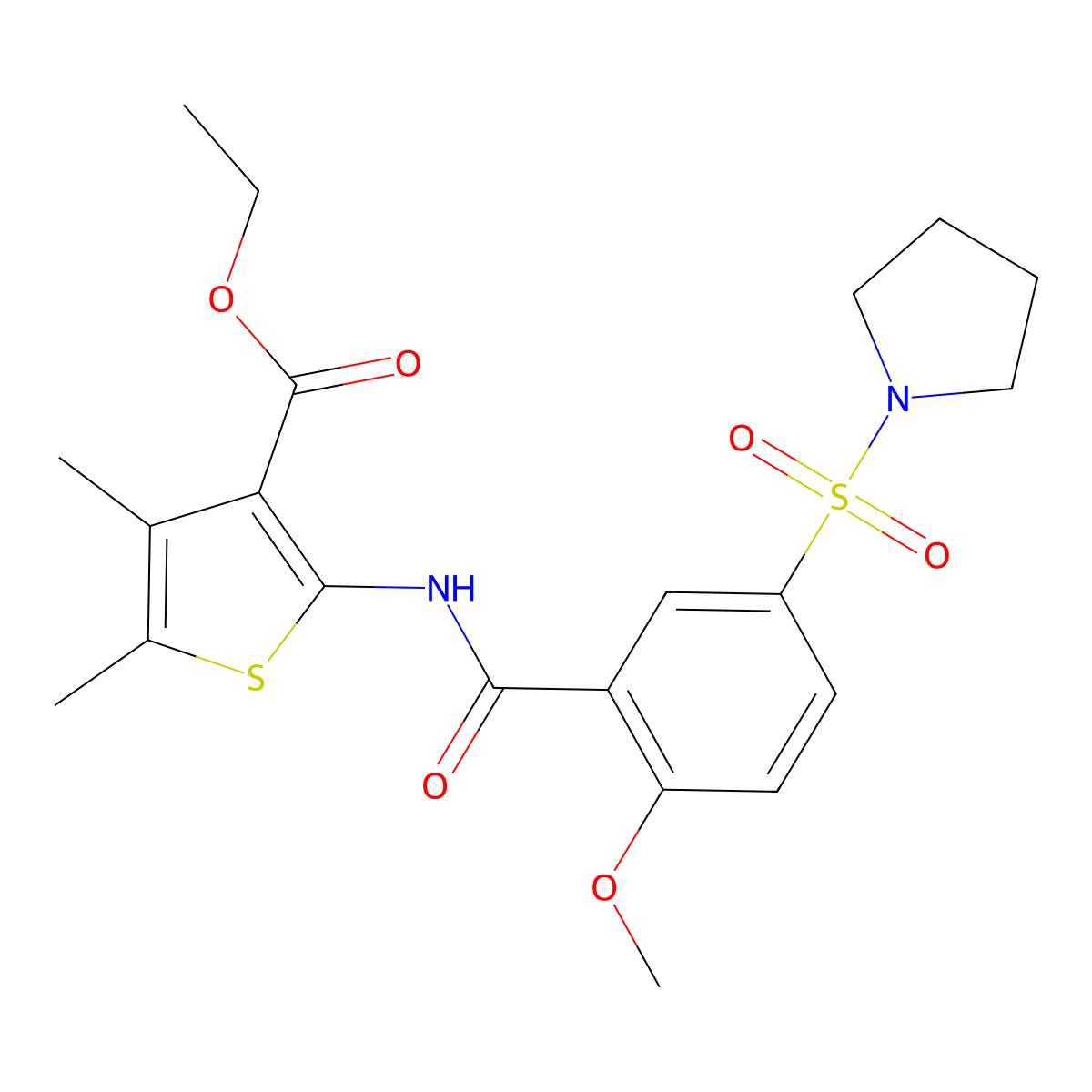 Ethyl 2-(2-methoxy-5-(pyrrolidin-1-ylsulfonyl)benzamido)-4,5-dimethylthiophene-3-carboxylate molecular structure, CAS 496777-31-2