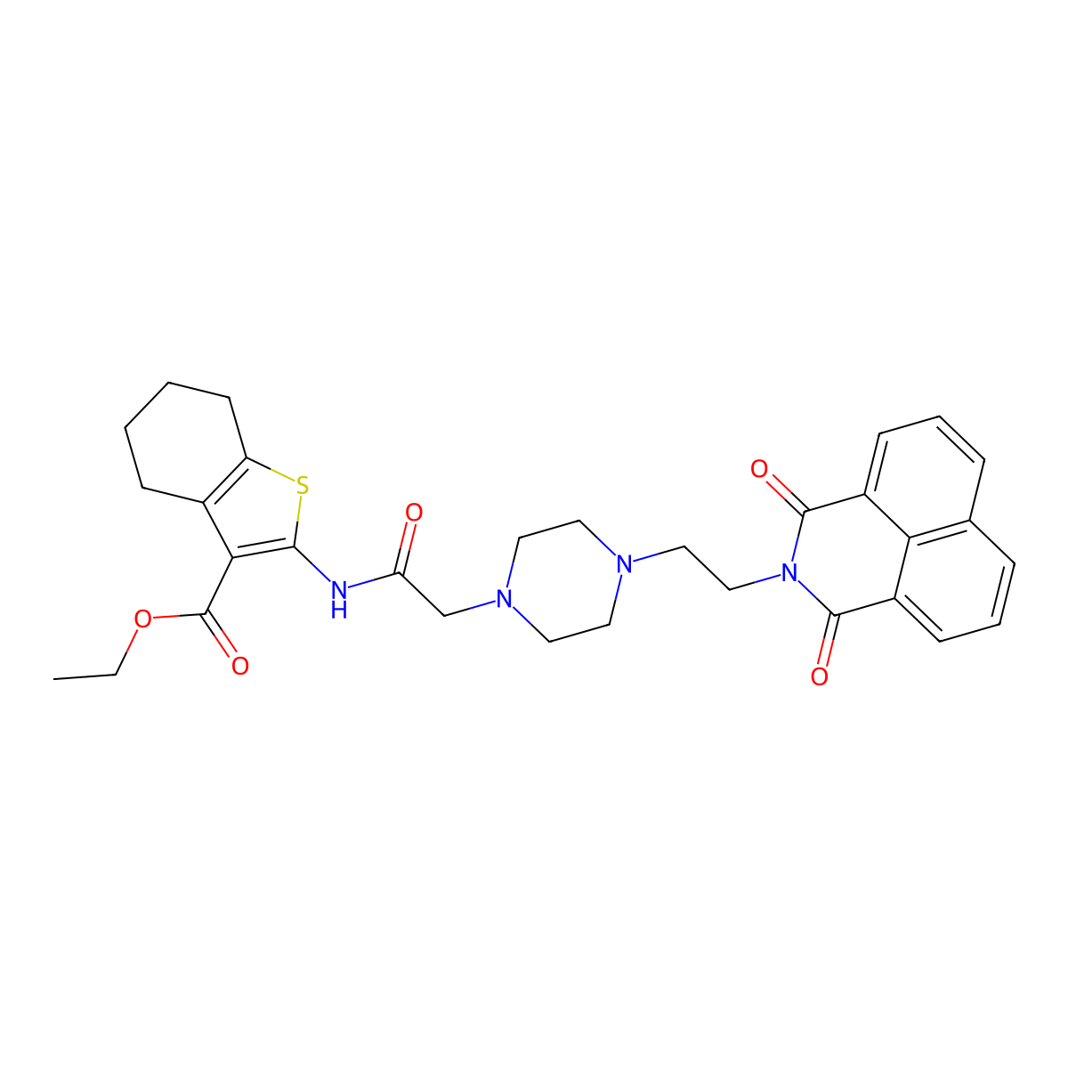 ethyl 2-(2-(4-(2-(1,3-dioxo-1H-benzo[de]isoquinolin-2(3H)-yl)ethyl)piperazin-1-yl)acetamido)-4,5,6,7-tetrahydrobenzo[b]thiophene-3-carboxylate molecular structure, CAS 496777-49-2