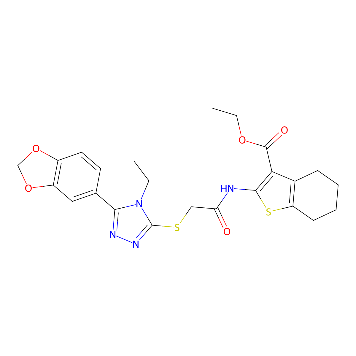ethyl 2-(2-((5-(benzo[d][1,3]dioxol-5-yl)-4-ethyl-4H-1,2,4-triazol-3-yl)thio)acetamido)-4,5,6,7-tetrahydrobenzo[b]thiophene-3-carboxylate molecular structure, CAS 496777-61-8