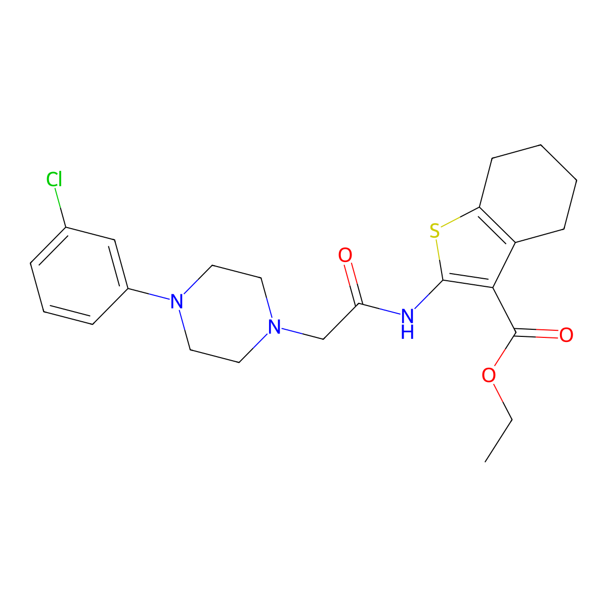 Ethyl 2-(2-(4-(3-chlorophenyl)piperazin-1-yl)acetamido)-4,5,6,7-tetrahydrobenzo[b]thiophene-3-carboxylate molecular structure, CAS 496777-65-2