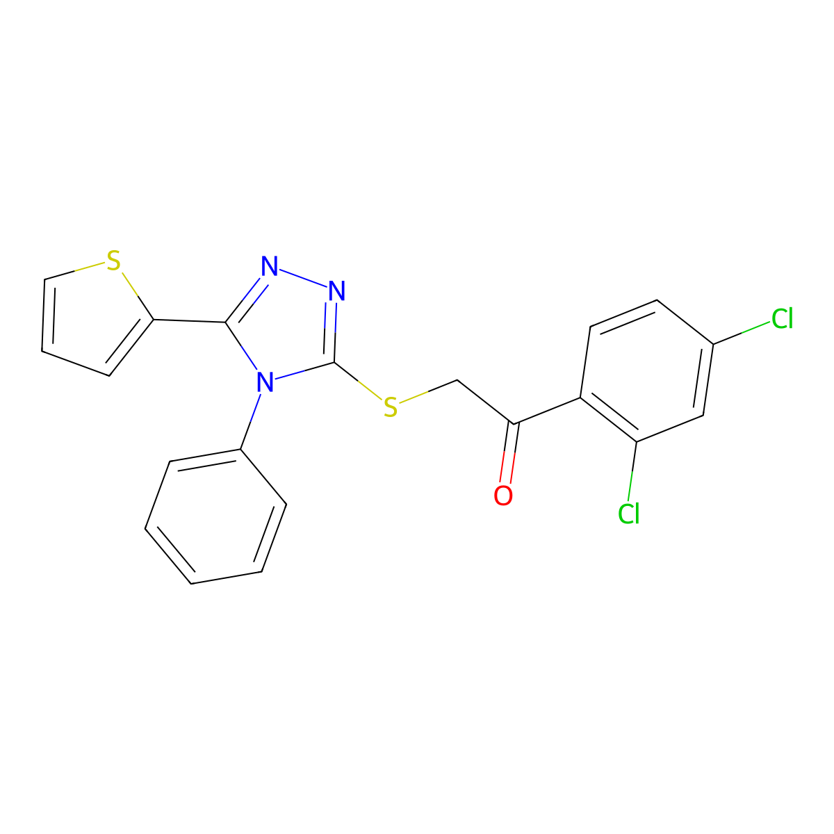 1-(2,4-Dichlorophenyl)-2-[(4-phenyl-5-thiophen-2-yl-1,2,4-triazol-3-yl)sulfanyl]ethanone molecular structure, CAS 496777-69-6