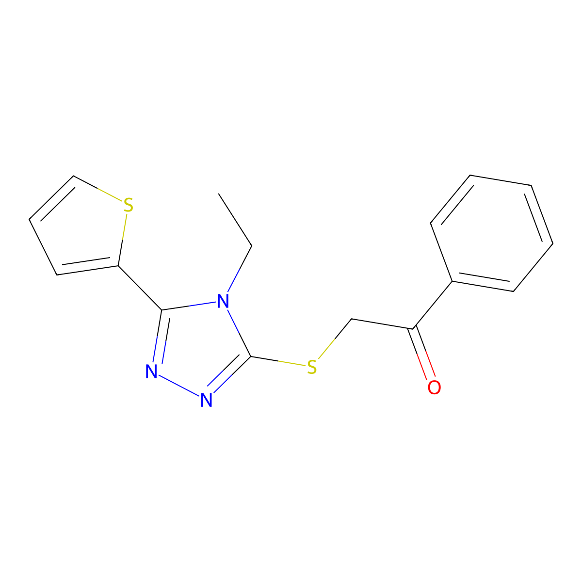 2-[(4-Ethyl-5-thiophen-2-yl-1,2,4-triazol-3-yl)sulfanyl]-1-phenylethanone molecular structure, CAS 496777-73-2