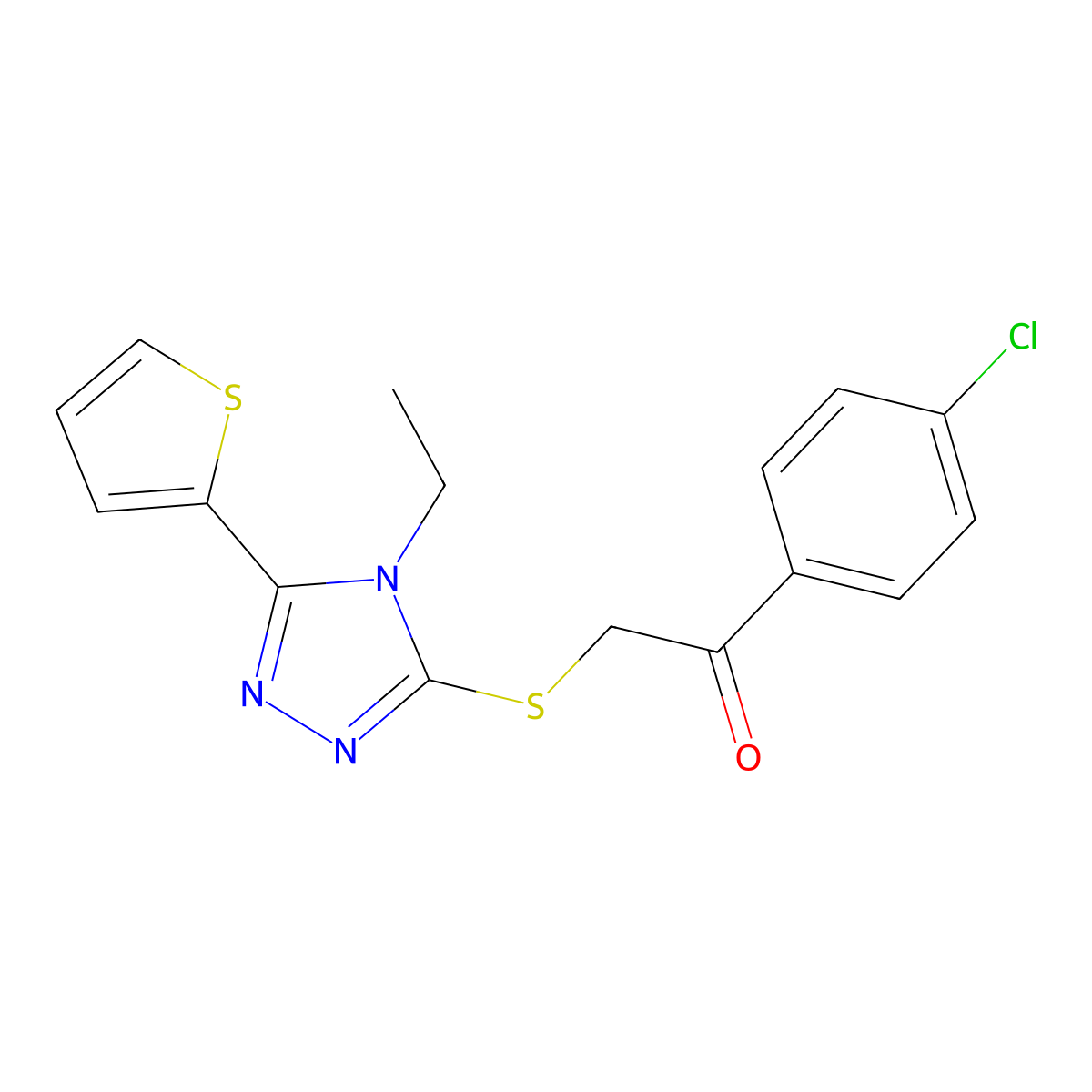 1-(4-chlorophenyl)-2-{[4-ethyl-5-(2-thienyl)-4H-1,2,4-triazol-3-yl]thio}ethanone molecular structure, CAS 496777-75-4