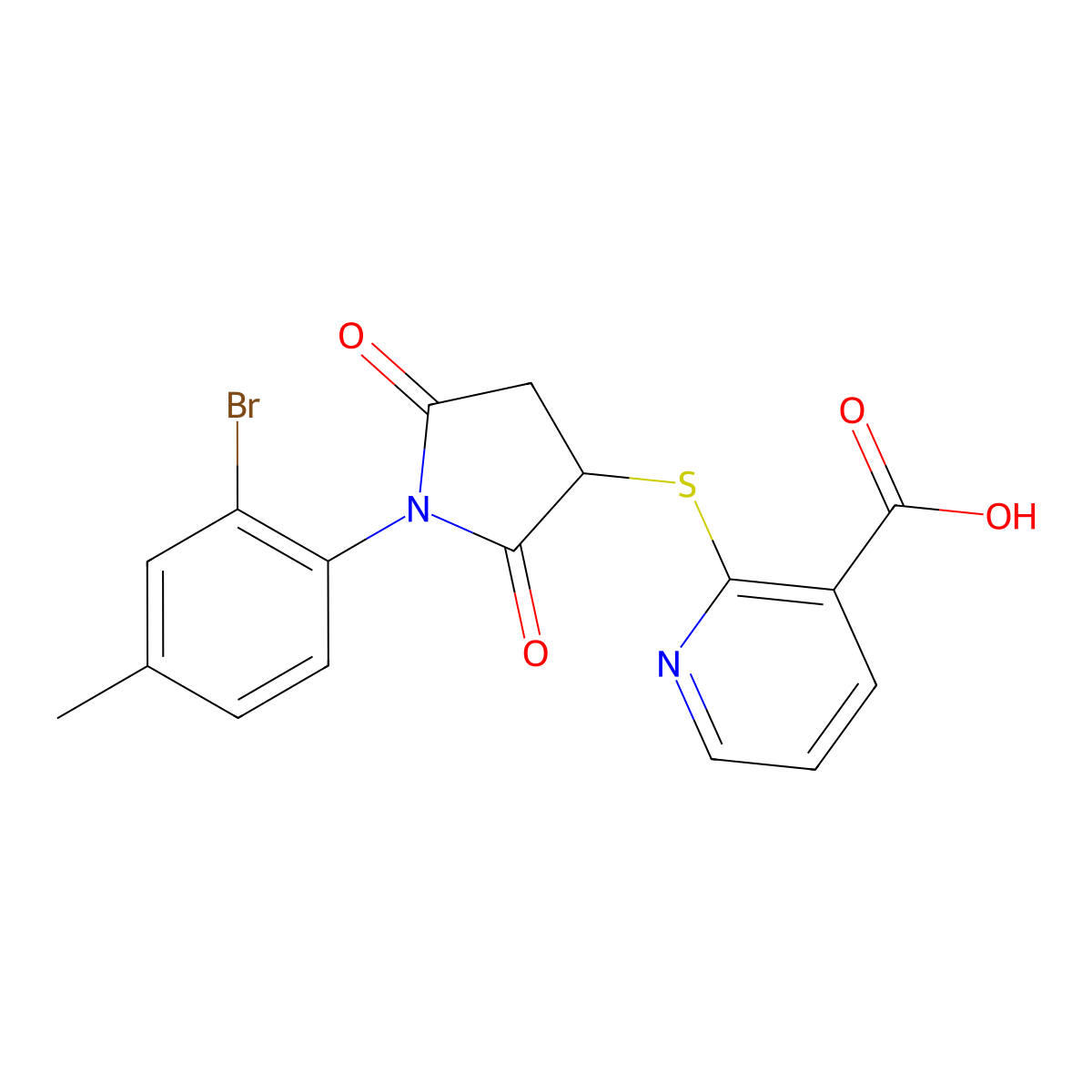 2-((1-(2-Bromo-4-methylphenyl)-2,5-dioxopyrrolidin-3-yl)thio)nicotinic acid molecular structure, CAS 496779-20-5