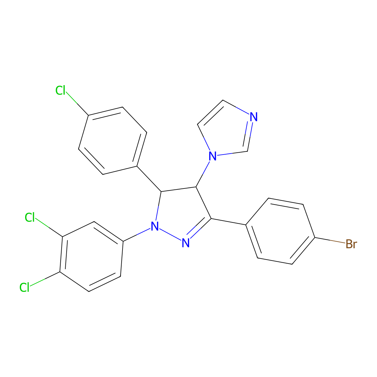 3-(4-bromophenyl)-5-(4-chlorophenyl)-1-(3,4-dichlorophenyl)-4-(1H-imidazol-1-yl)-4,5-dihydro-1H-pyrazole molecular structure, CAS 496785-20-7