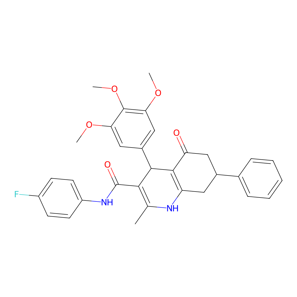 N-(4-fluorophenyl)-2-methyl-5-oxo-7-phenyl-4-(3,4,5-trimethoxyphenyl)-4,6,7,8-tetrahydro-1H-quinoline-3-carboxamide molecular structure, CAS 496786-04-0