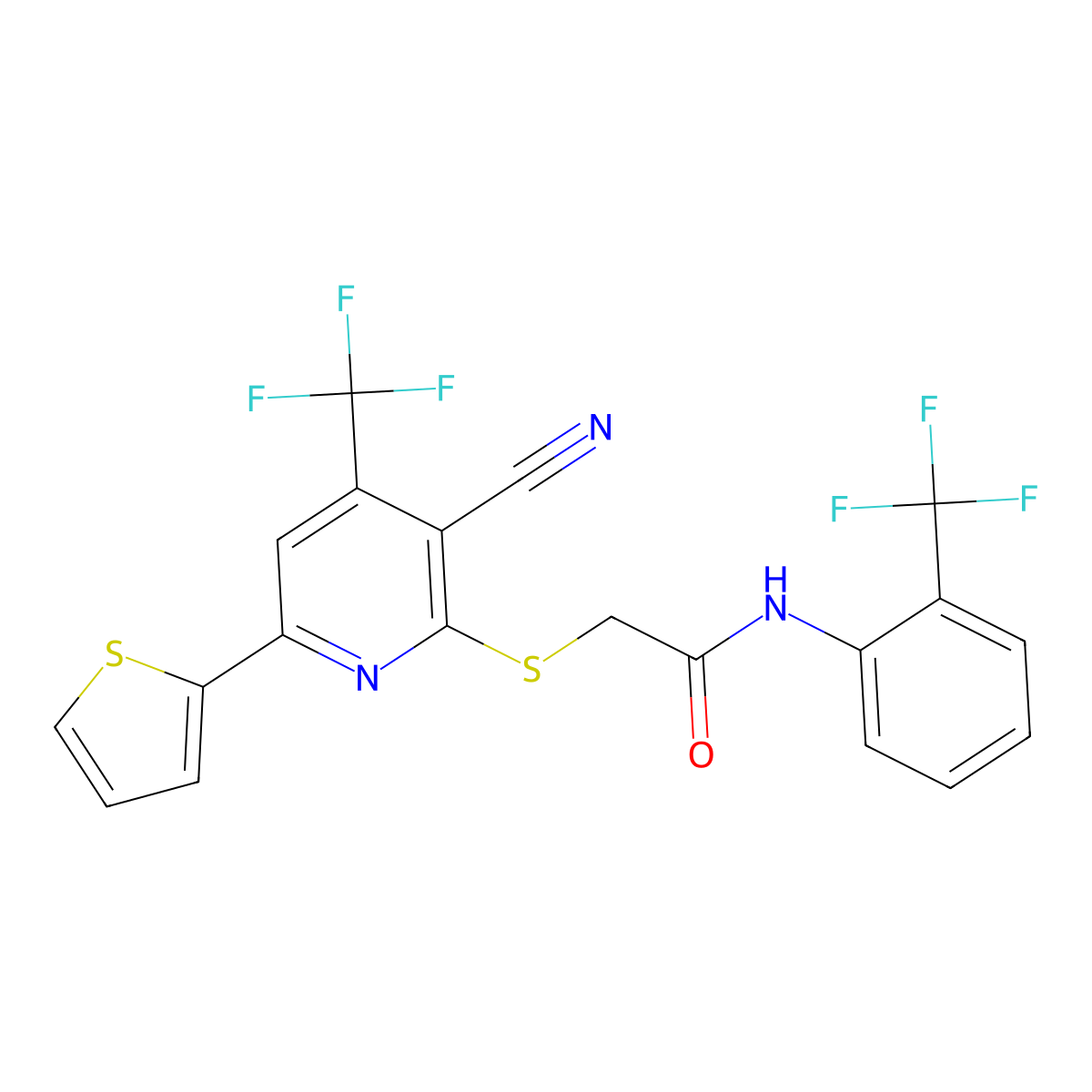 2-[3-cyano-6-thiophen-2-yl-4-(trifluoromethyl)pyridin-2-yl]sulfanyl-N-[2-(trifluoromethyl)phenyl]acetamide molecular structure, CAS 496787-10-1