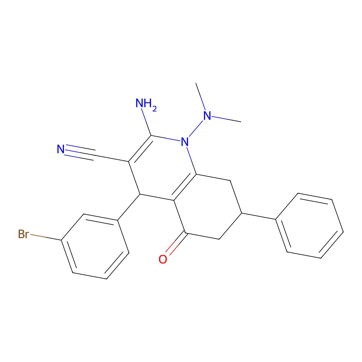 2-Amino-4-(3-bromophenyl)-1-(dimethylamino)-5-oxo-7-phenyl-4,6,7,8-tetrahydroquinoline-3-carbonitrile molecular structure, CAS 496787-24-7
