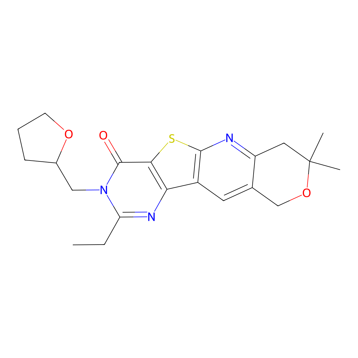 2-Ethyl-8,8-dimethyl-3-(tetrahydro-2-furanylmethyl)-7,10-dihydro-8H-pyrano[3'',4'':5',6']pyrido[3',2':4,5]thieno[3,2-d]pyrimidin-4(3H)-one molecular structure, CAS 496795-98-3