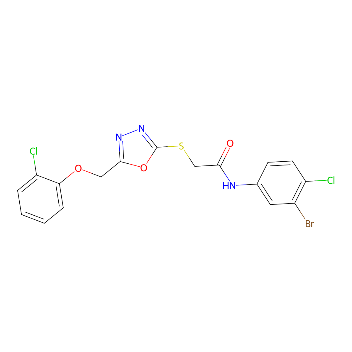 N-(3-bromo-4-chlorophenyl)-2-({5-[(2-chlorophenoxy)methyl]-1,3,4-oxadiazol-2-yl}sulfanyl)acetamide molecular structure, CAS 496796-23-7