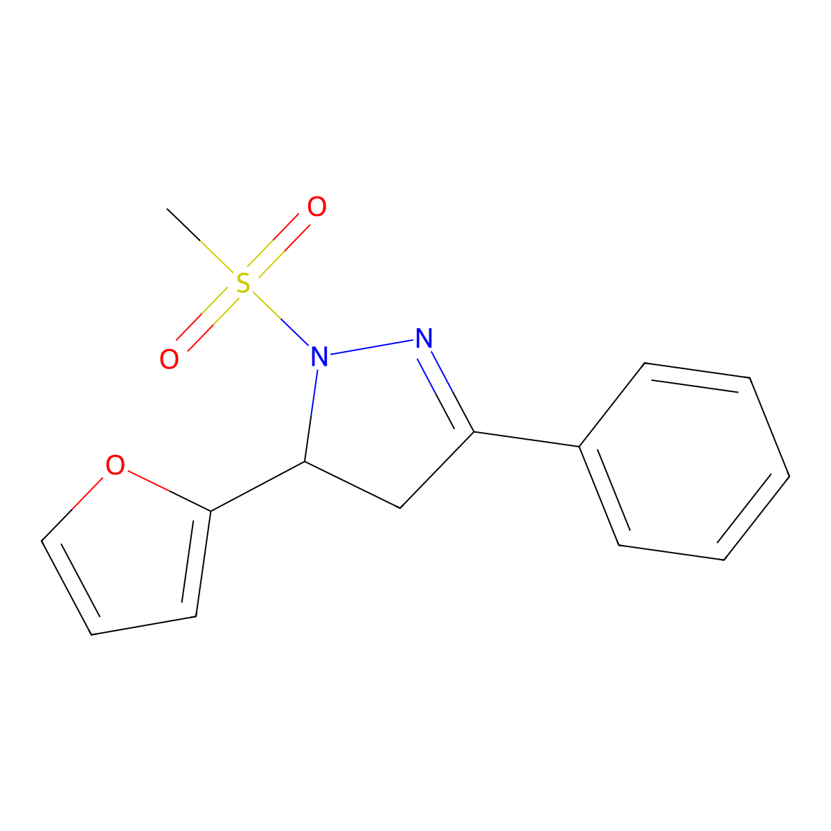 5-(furan-2-yl)-1-(methylsulfonyl)-3-phenyl-4,5-dihydro-1H-pyrazole molecular structure, CAS 496796-39-5