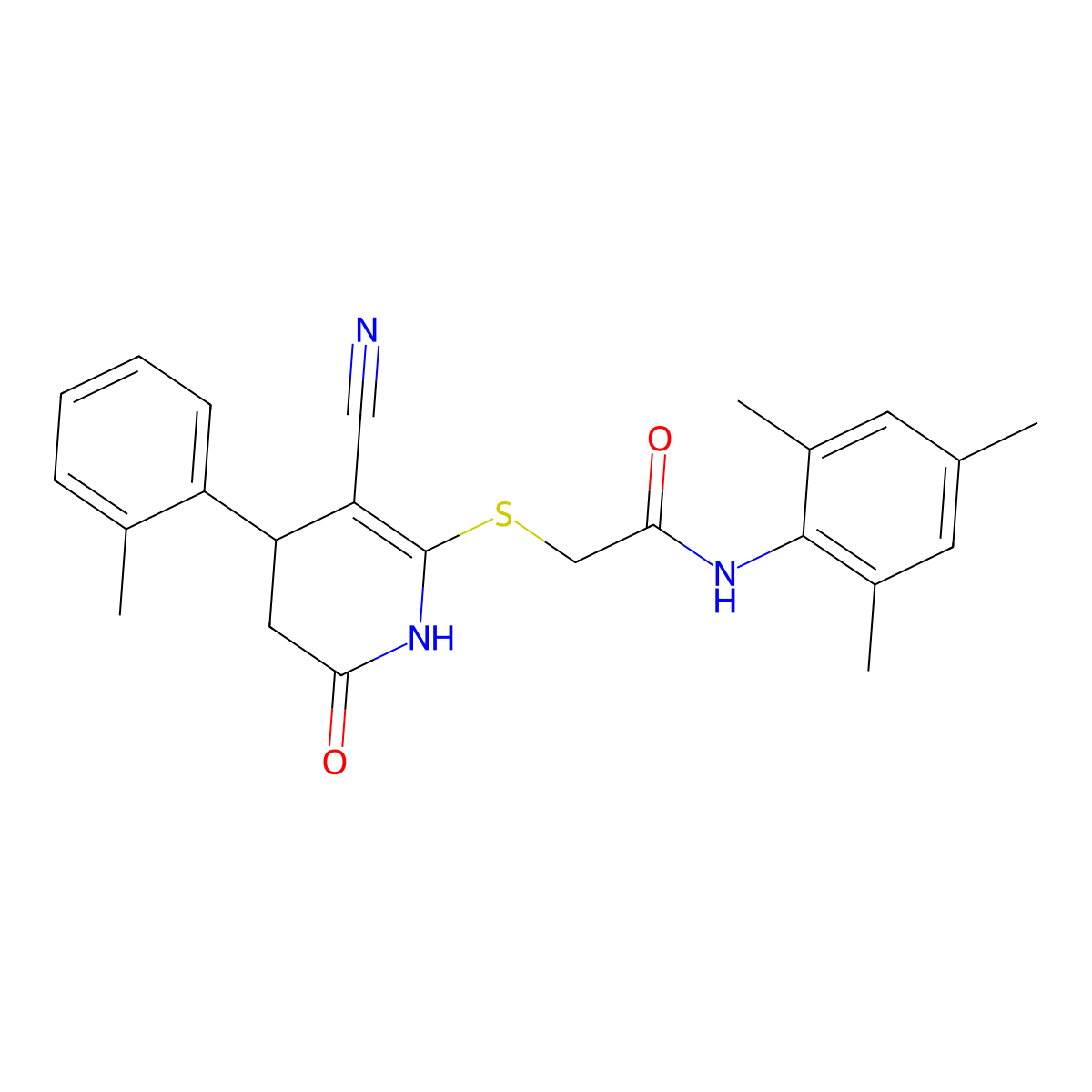 2-((3-cyano-6-oxo-4-(o-tolyl)-1,4,5,6-tetrahydropyridin-2-yl)thio)-N-mesitylacetamide molecular structure, CAS 496797-43-4