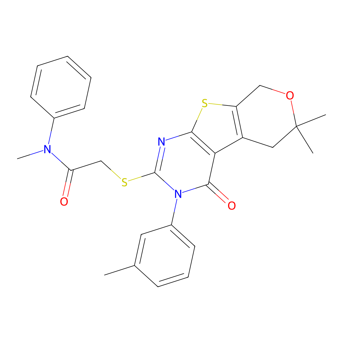2-[[6,6-dimethyl-3-(3-methylphenyl)-4-oxo-5,8-dihydropyrano[2,3]thieno[2,4-b]pyrimidin-2-yl]sulfanyl]-N-methyl-N-phenylacetamide molecular structure, CAS 496798-25-5