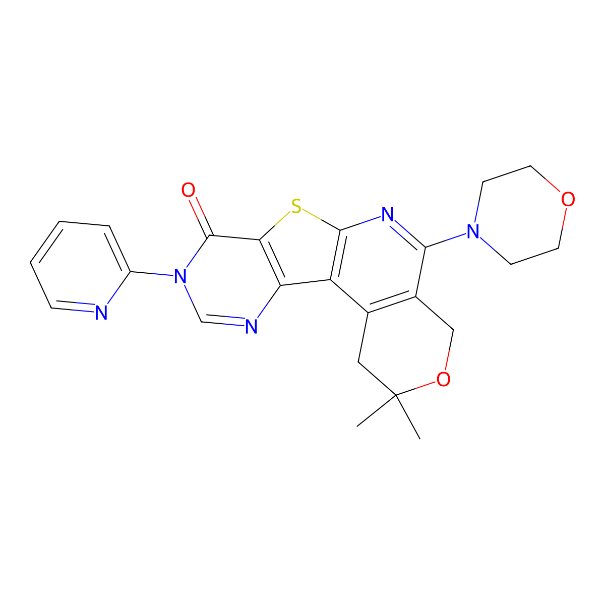 2,2-dimethyl-5-morpholino-9-(pyridin-2-yl)-4,9-dihydro-1H-pyrano[4'',3'':4',5']pyrido[3',2':4,5]thieno[3,2-d]pyrimidin-8(2H)-one molecular structure, CAS 496798-50-6