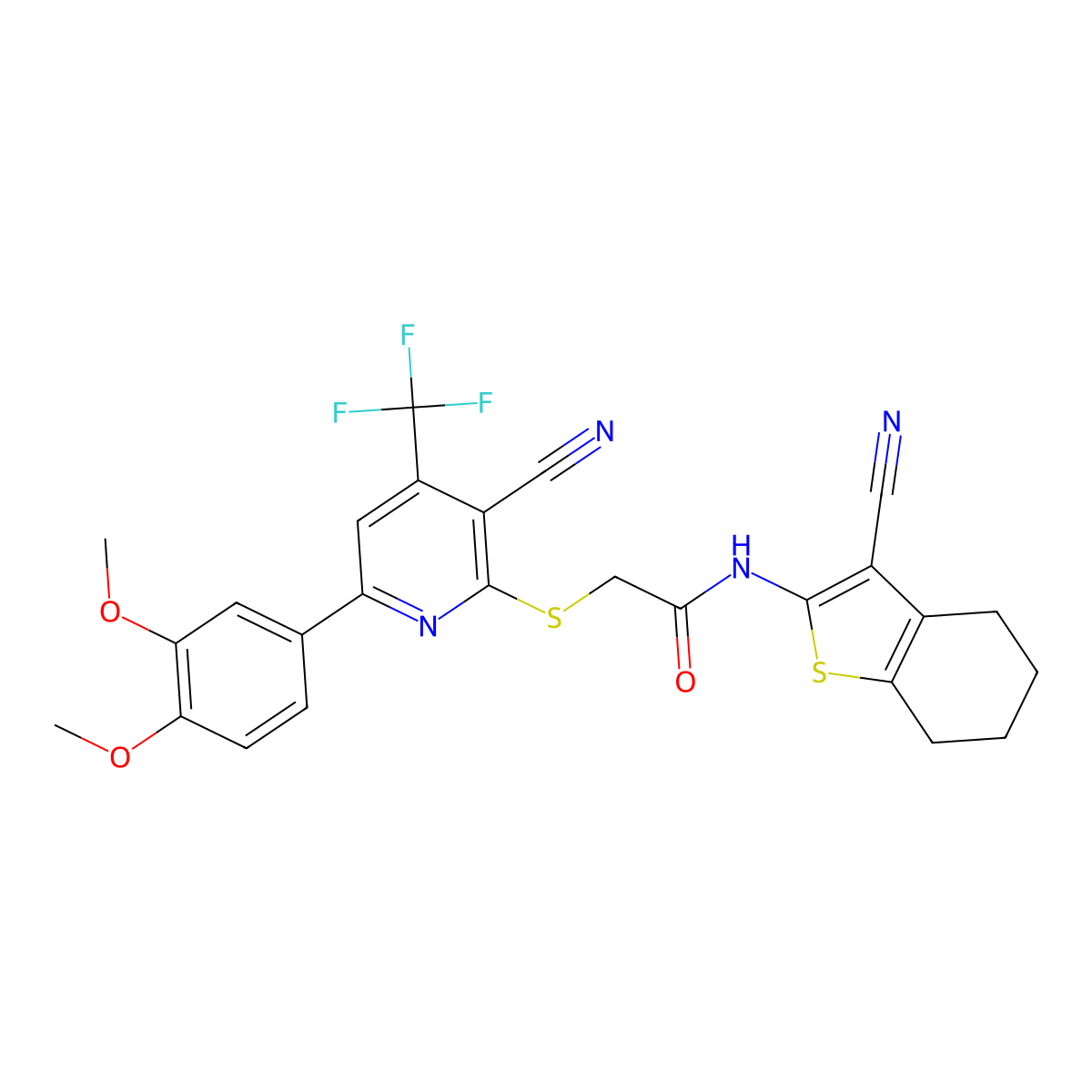 2-[3-cyano-6-(3,4-dimethoxyphenyl)-4-(trifluoromethyl)pyridin-2-yl]sulfanyl-N-(3-cyano-4,5,6,7-tetrahydro-1-benzothiophen-2-yl)acetamide molecular structure, CAS 496798-64-2