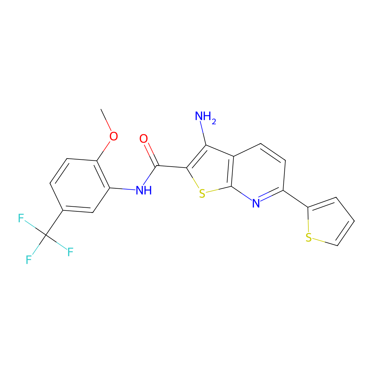 3-amino-N-[2-methoxy-5-(trifluoromethyl)phenyl]-6-thien-2-ylthieno[2,3-b]pyridine-2-carboxamide molecular structure, CAS 496798-68-6