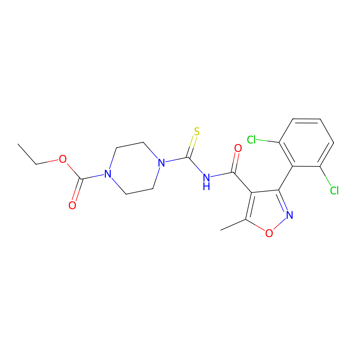 Ethyl 4-[[3-(2,6-dichlorophenyl)-5-methyl-1,2-oxazole-4-carbonyl]carbamothioyl]piperazine-1-carboxylate molecular structure, CAS 496798-78-8