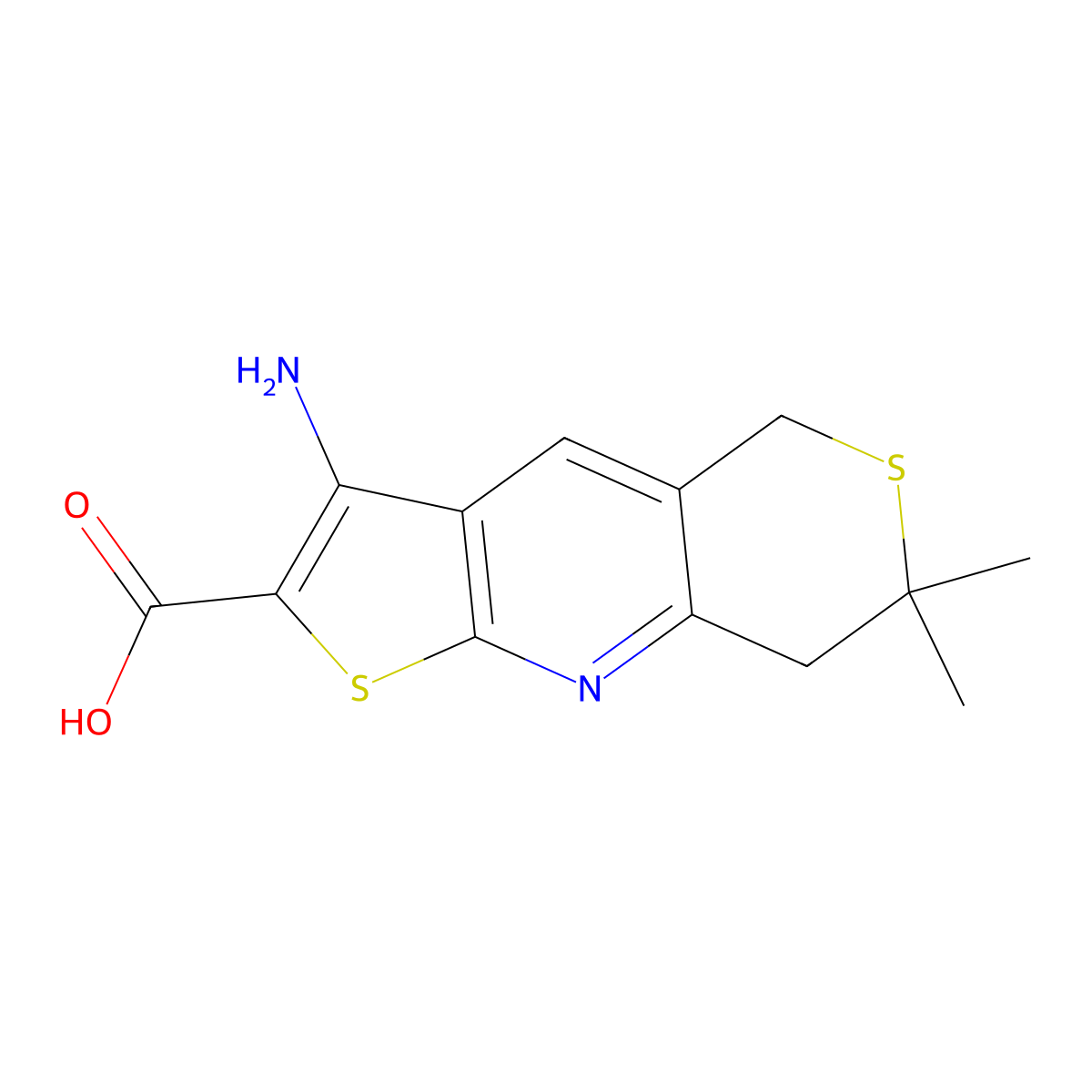 3-amino-7,7-dimethyl-7,8-dihydro-5H-thieno[2,3-b]thiopyrano[3,4-e]pyridine-2-carboxylic acid molecular structure, CAS 496799-55-4
