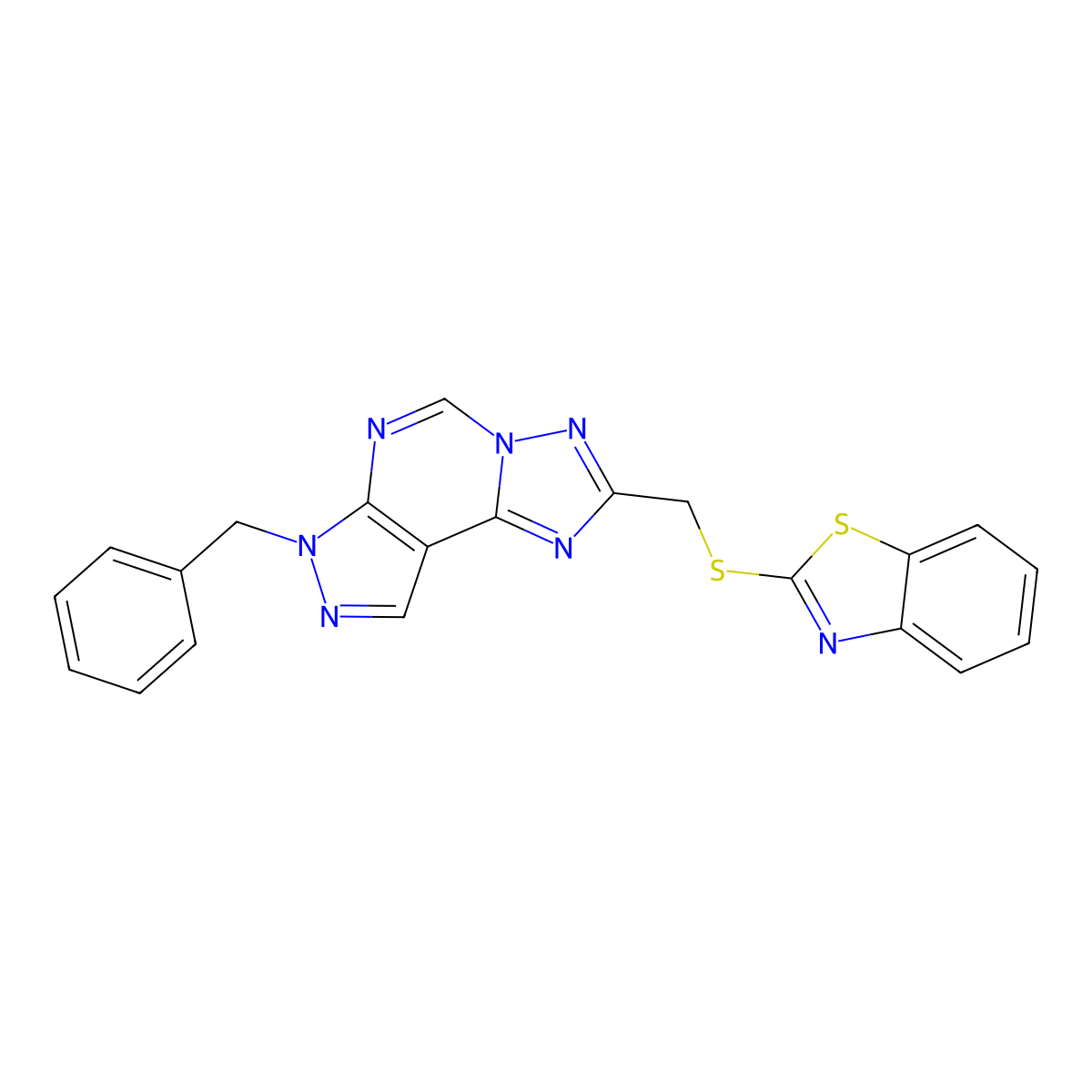 2-(((7-benzyl-7H-pyrazolo[4,3-e][1,2,4]triazolo[1,5-c]pyrimidin-2-yl)methyl)thio)benzo[d]thiazole molecular structure, CAS 496799-62-3