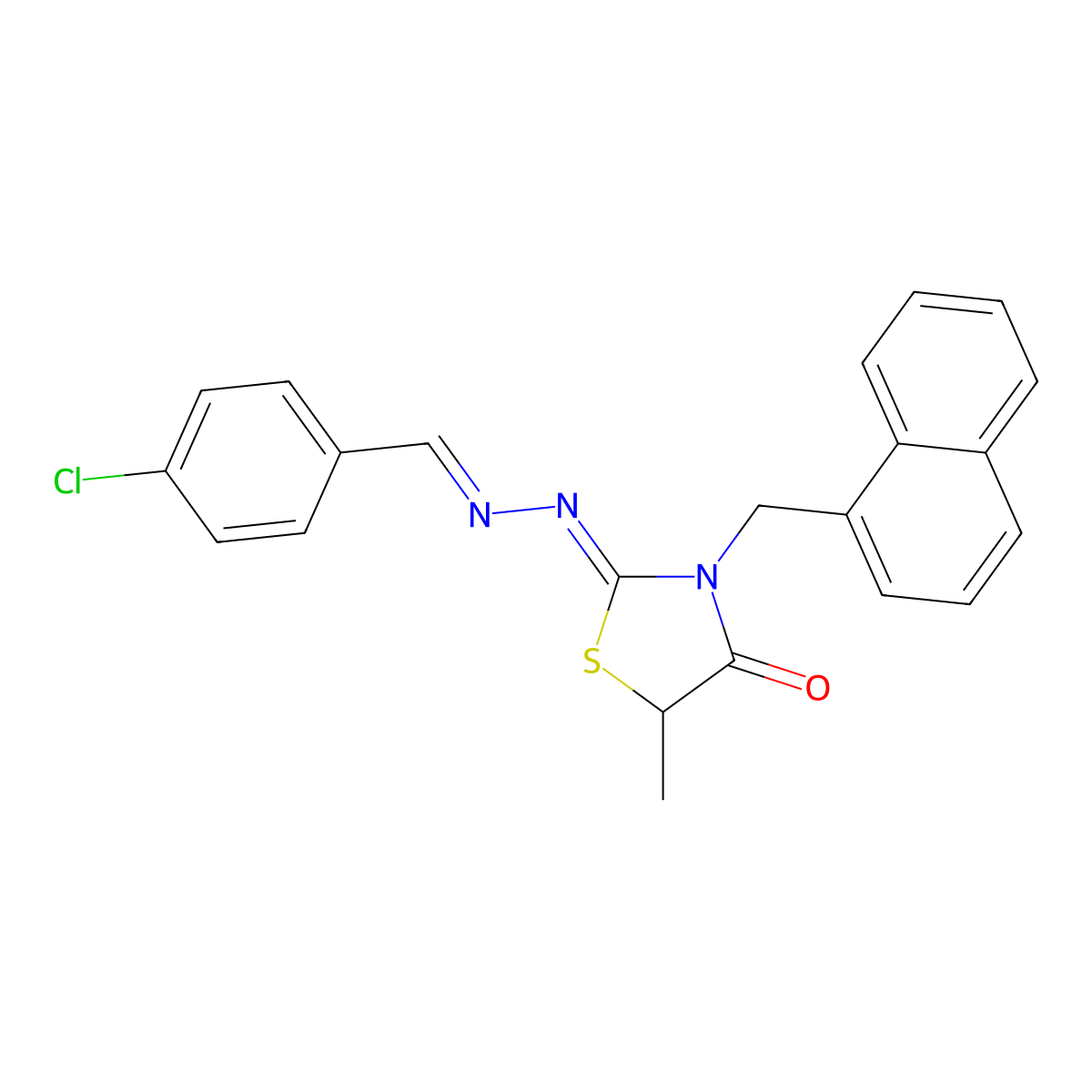 4-Chlorobenzaldehyde 2-[5-methyl-3-(1-naphthalenylmethyl)-4-oxo-2-thiazolidinylidene]hydrazone molecular structure, CAS 496799-76-9