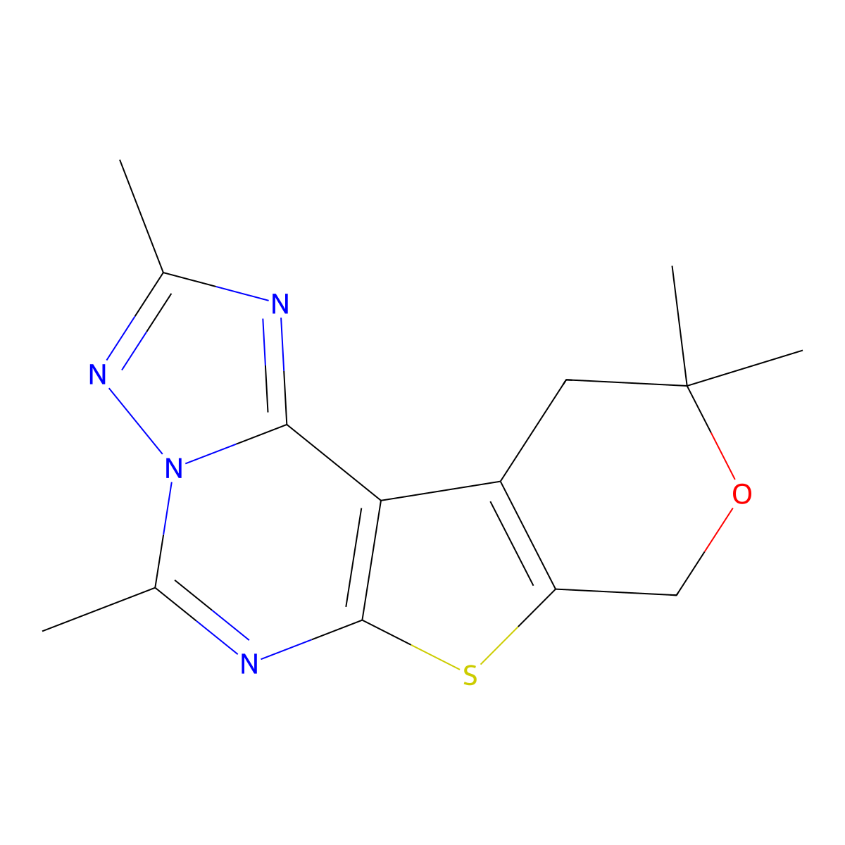 2,5,10,10-tetramethyl-10,11-dihydro-8H-pyrano[4',3':4,5]thieno[3,2-e][1,2,4]triazolo[1,5-c]pyrimidine molecular structure, CAS 496799-87-2