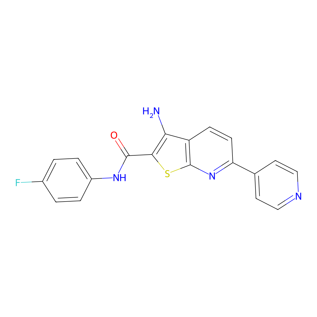 3-amino-N-(4-fluorophenyl)-6-(pyridin-4-yl)thieno[2,3-b]pyridine-2-carboxamide molecular structure, CAS 496801-80-0