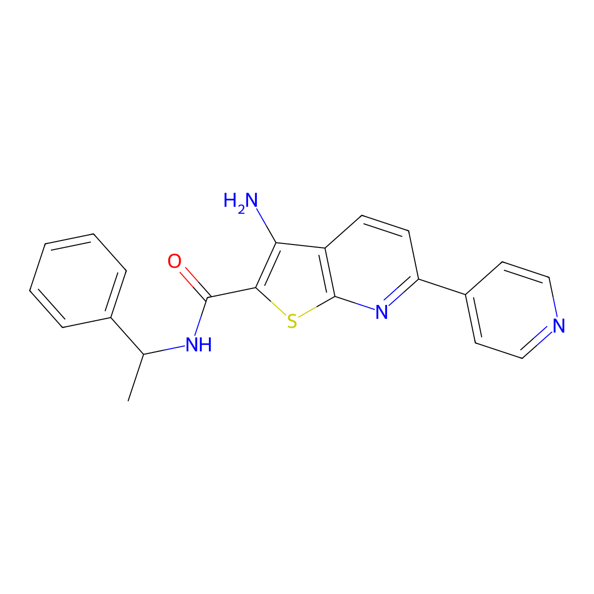 3-amino-N-(1-phenylethyl)-6-(4-pyridinyl)thieno[2,3-b]pyridine-2-carboxamide molecular structure, CAS 496801-93-5