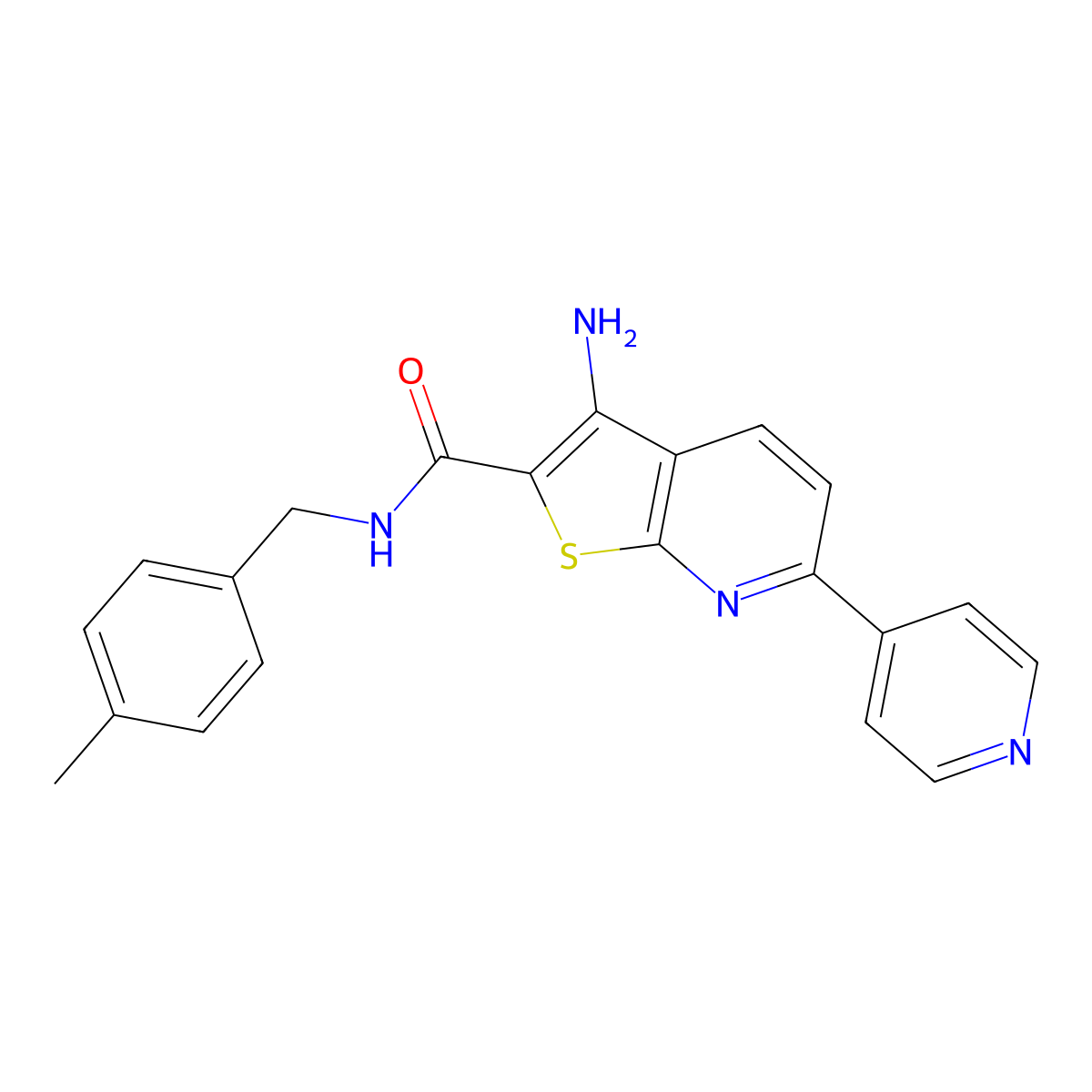 3-amino-N-[(4-methylphenyl)methyl]-6-pyridin-4-ylthieno[2,3-b]pyridine-2-carboxamide molecular structure, CAS 496801-98-0