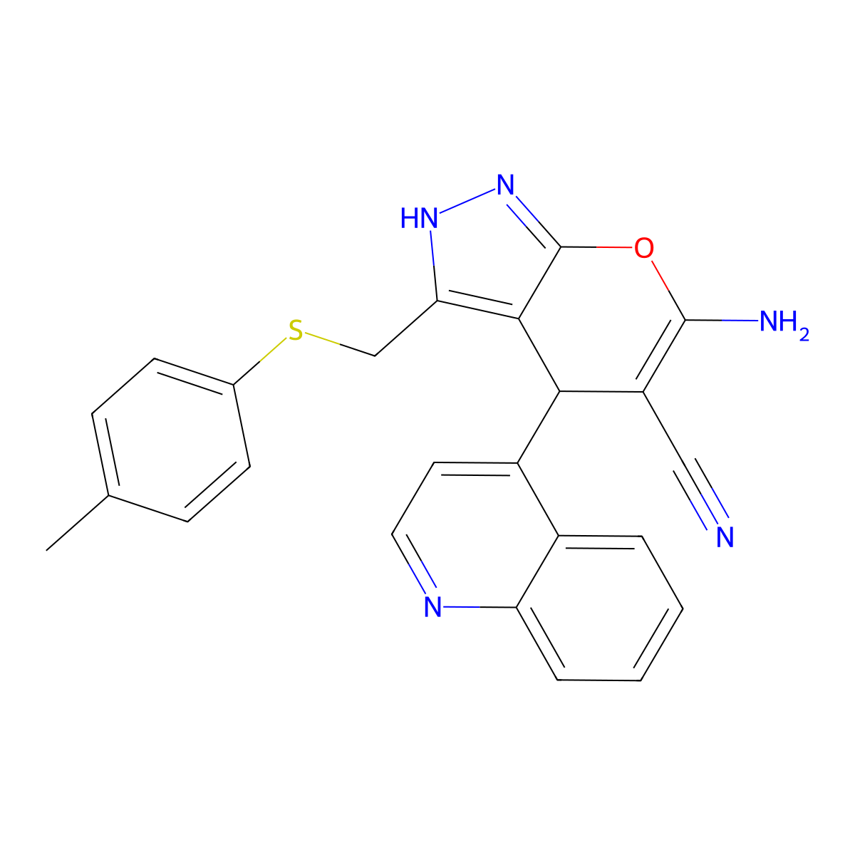 6-Amino-3-[(4-methylphenyl)sulfanylmethyl]-4-quinolin-4-yl-2,4-dihydropyrano[2,3-c]pyrazole-5-carbonitrile molecular structure, CAS 496804-51-4