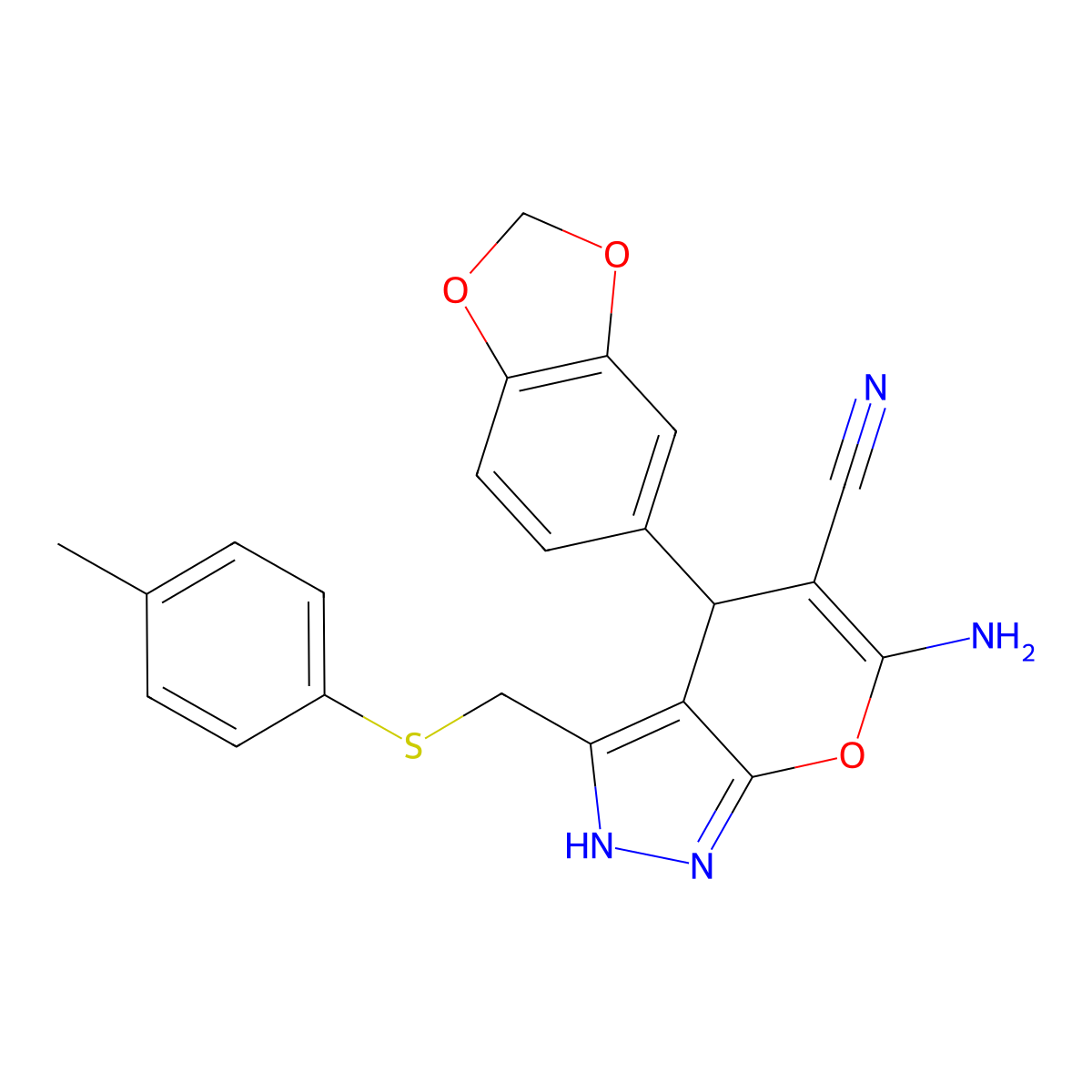 6-Amino-4-(1,3-benzodioxol-5-yl)-3-[(4-methylphenyl)sulfanylmethyl]-2,4-dihydropyrano[2,3-c]pyrazole-5-carbonitrile molecular structure, CAS 496804-52-5