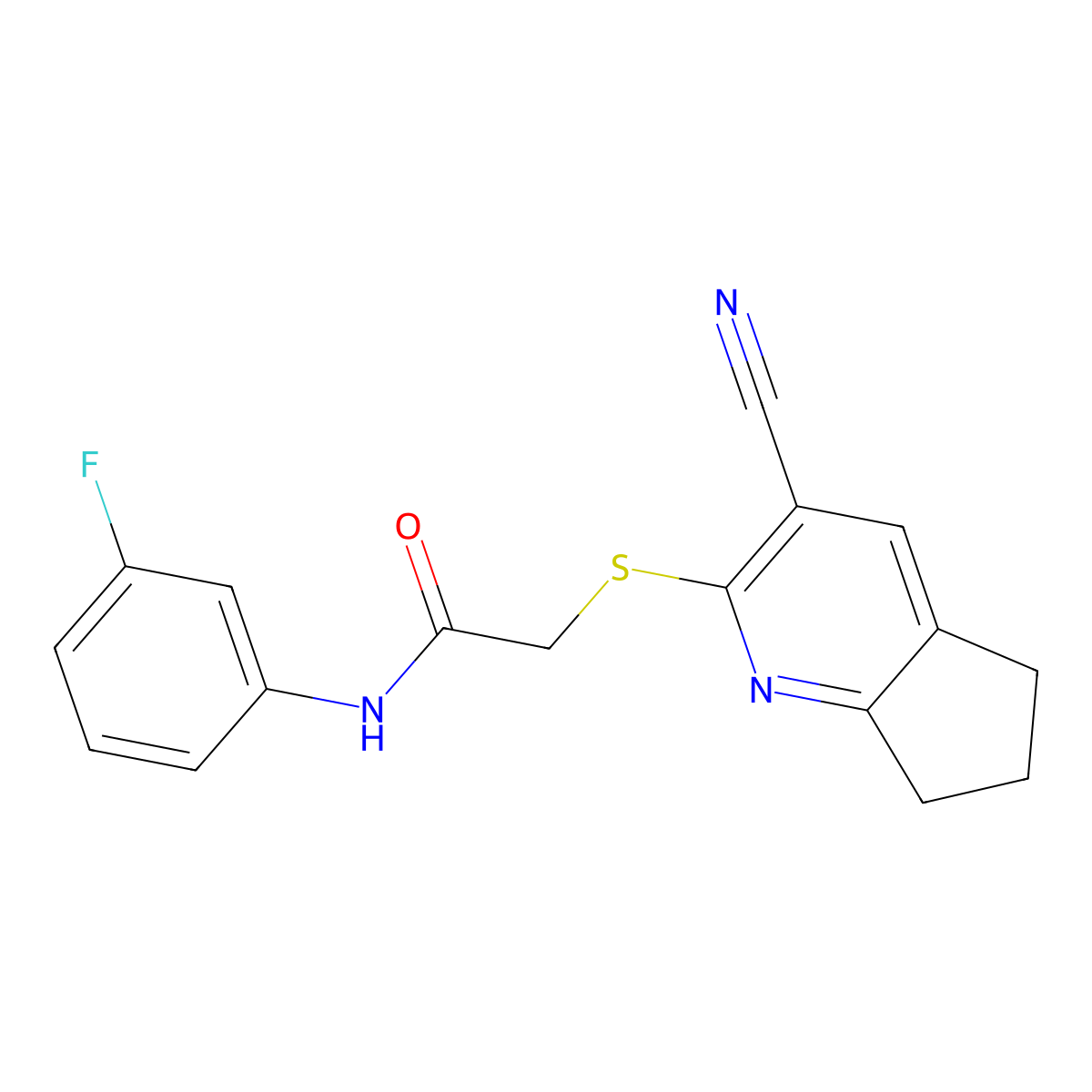2-[(3-cyano-6,7-dihydro-5H-cyclopenta[b]pyridin-2-yl)sulfanyl]-N-(3-fluorophenyl)acetamide molecular structure, CAS 496804-62-7