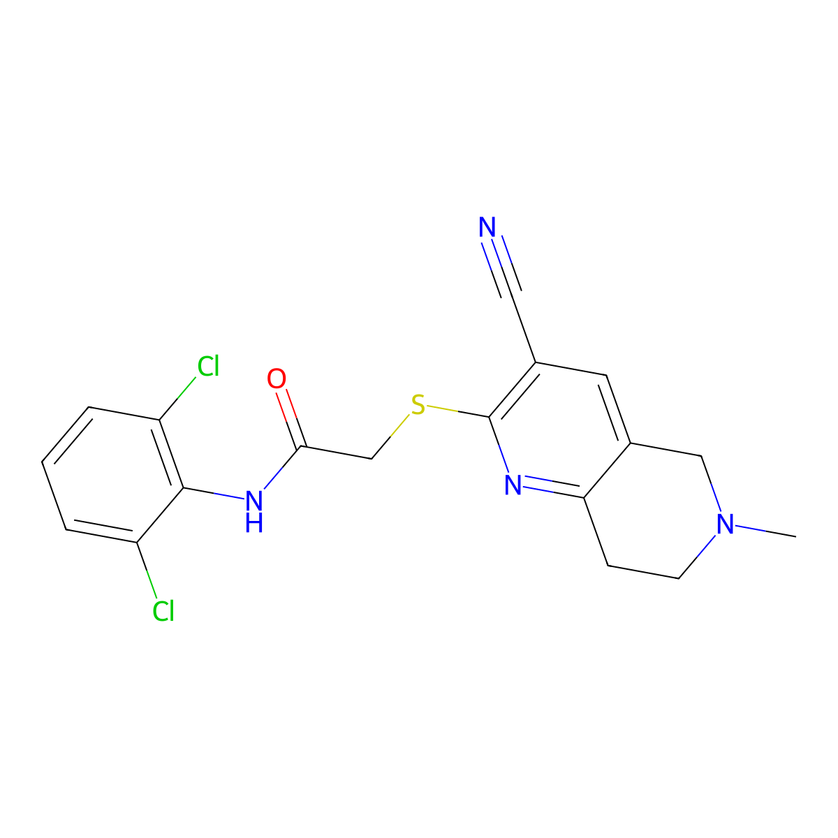 2-[(3-cyano-6-methyl-7,8-dihydro-5H-1,6-naphthyridin-2-yl)sulfanyl]-N-(2,6-dichlorophenyl)acetamide molecular structure, CAS 496804-66-1