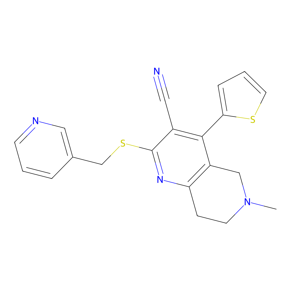 6-Methyl-2-[(3-pyridinylmethyl)sulfanyl]-4-(2-thienyl)-5,6,7,8-tetrahydro[1,6]naphthyridine-3-carbonitrile molecular structure, CAS 496804-69-4