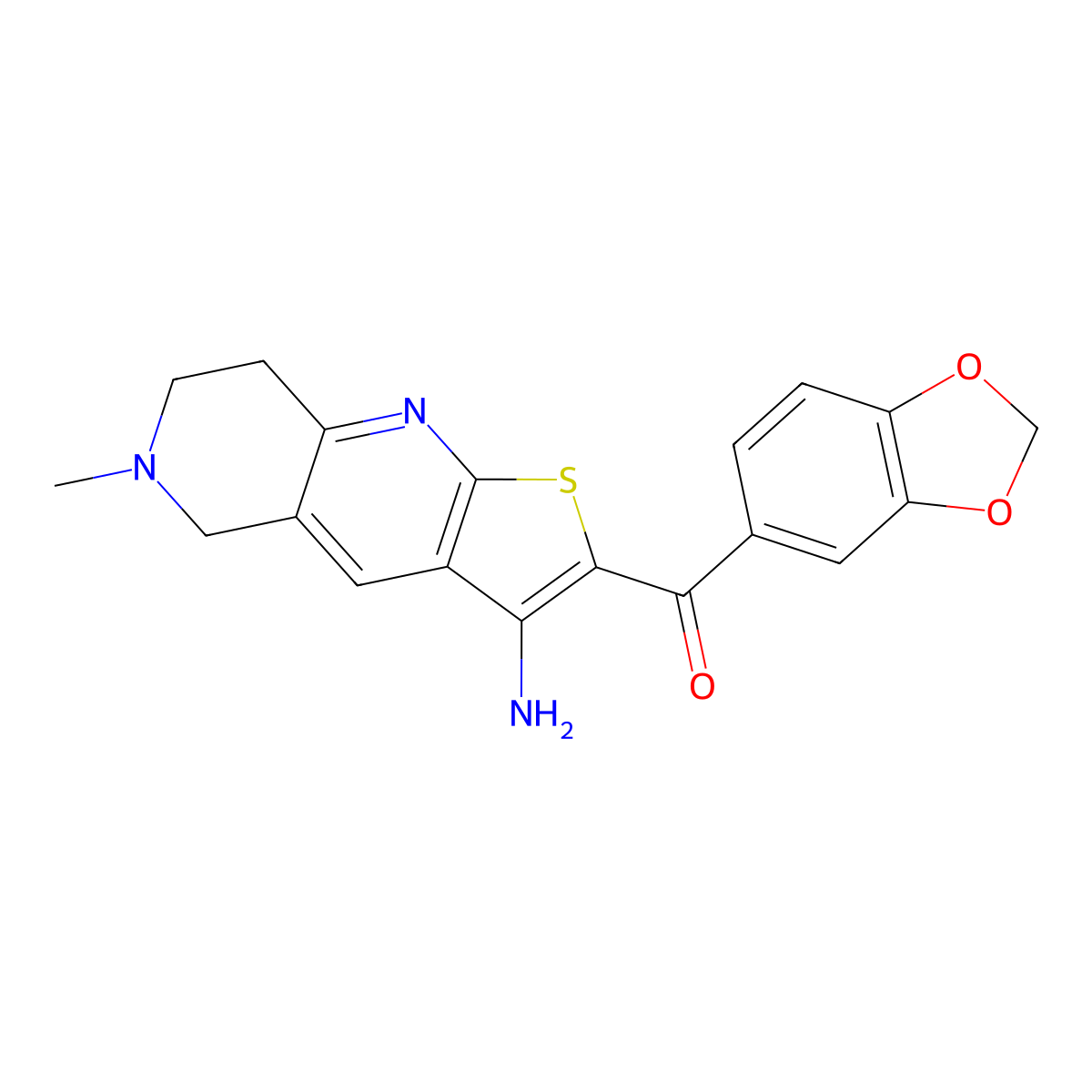 (3-amino-6-methyl-7,8-dihydro-5H-thieno[2,3-b][1,6]naphthyridin-2-yl)-(1,3-benzodioxol-5-yl)methanone molecular structure, CAS 496804-80-9