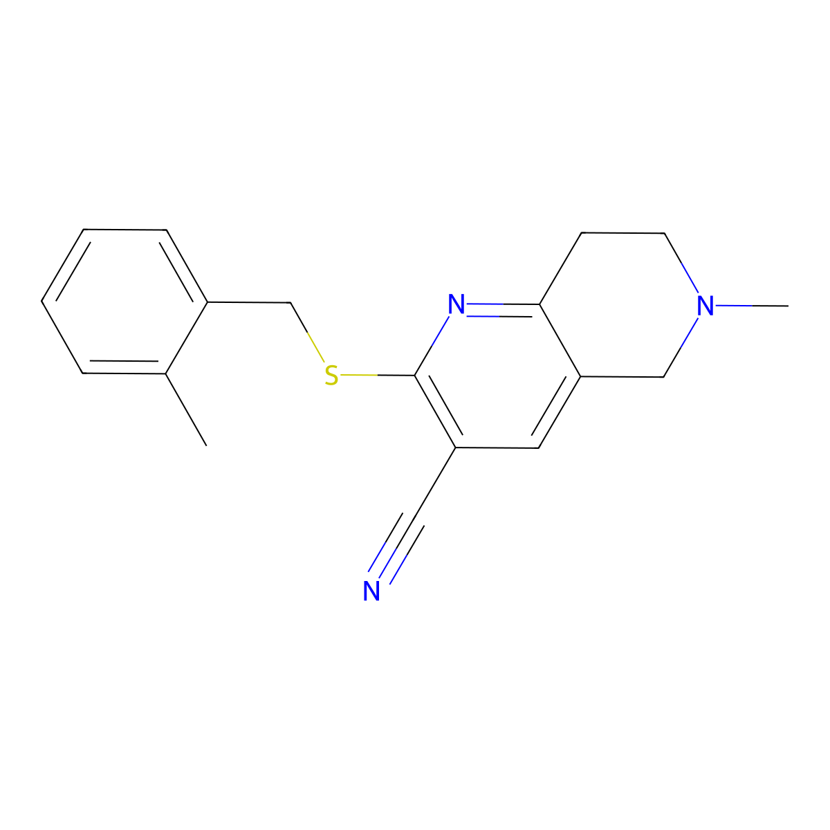 6-methyl-2-[(2-methylphenyl)methylsulfanyl]-7,8-dihydro-5H-1,6-naphthyridine-3-carbonitrile molecular structure, CAS 496804-85-4