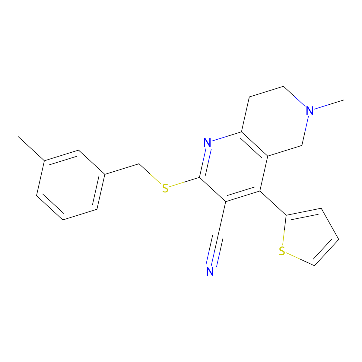 6-methyl-2-[(3-methylphenyl)methylsulfanyl]-4-thiophen-2-yl-7,8-dihydro-5H-1,6-naphthyridine-3-carbonitrile molecular structure, CAS 496804-87-6