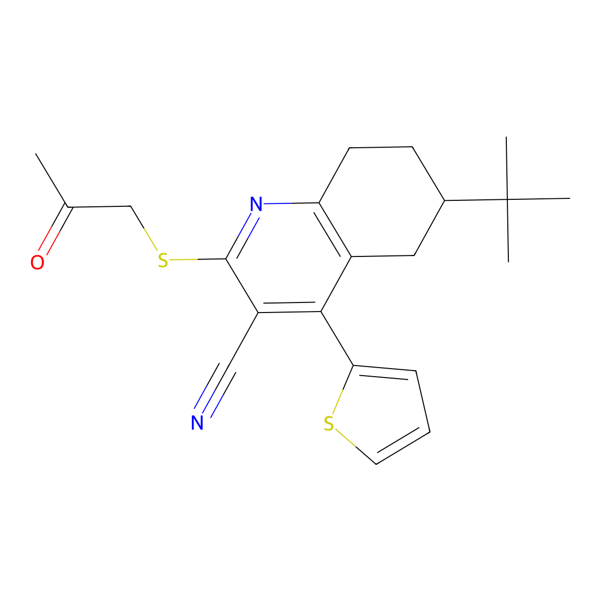 6-Tert-butyl-2-(2-oxopropylsulfanyl)-4-thiophen-2-yl-5,6,7,8-tetrahydroquinoline-3-carbonitrile molecular structure, CAS 496804-95-6