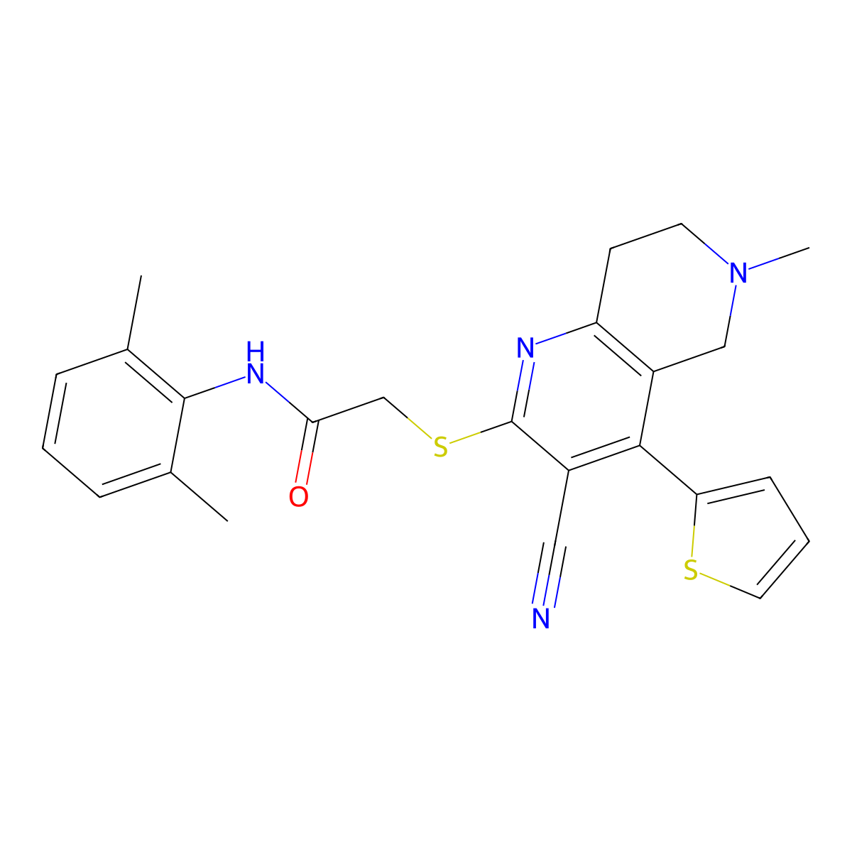 2-[(3-cyano-6-methyl-4-thiophen-2-yl-7,8-dihydro-5H-1,6-naphthyridin-2-yl)sulfanyl]-N-(2,6-dimethylphenyl)acetamide molecular structure, CAS 496804-97-8