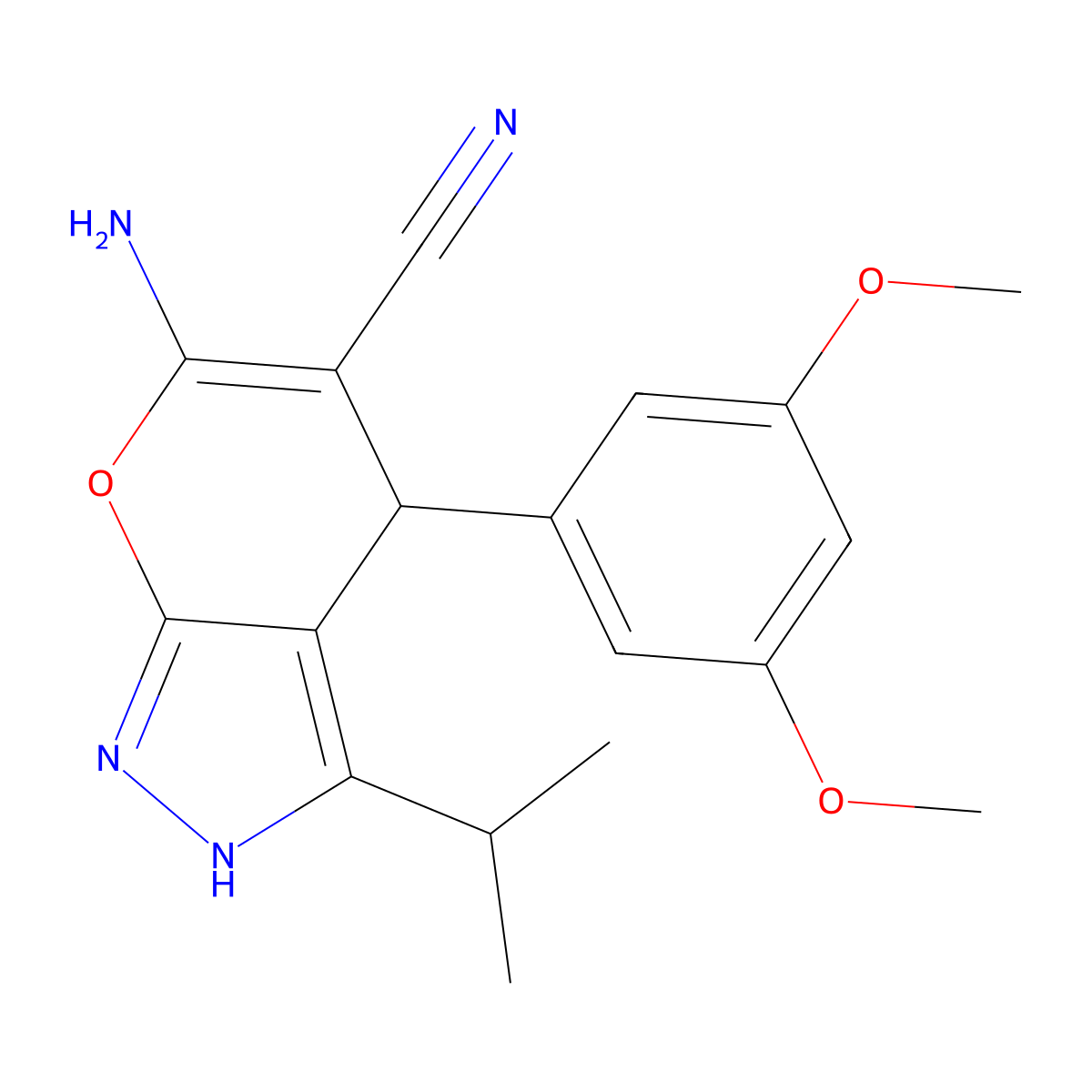 6-Amino-4-(3,5-dimethoxyphenyl)-3-isopropyl-2,4-dihydropyrano[2,3-c]pyrazole-5-carbonitrile molecular structure, CAS 496805-11-9