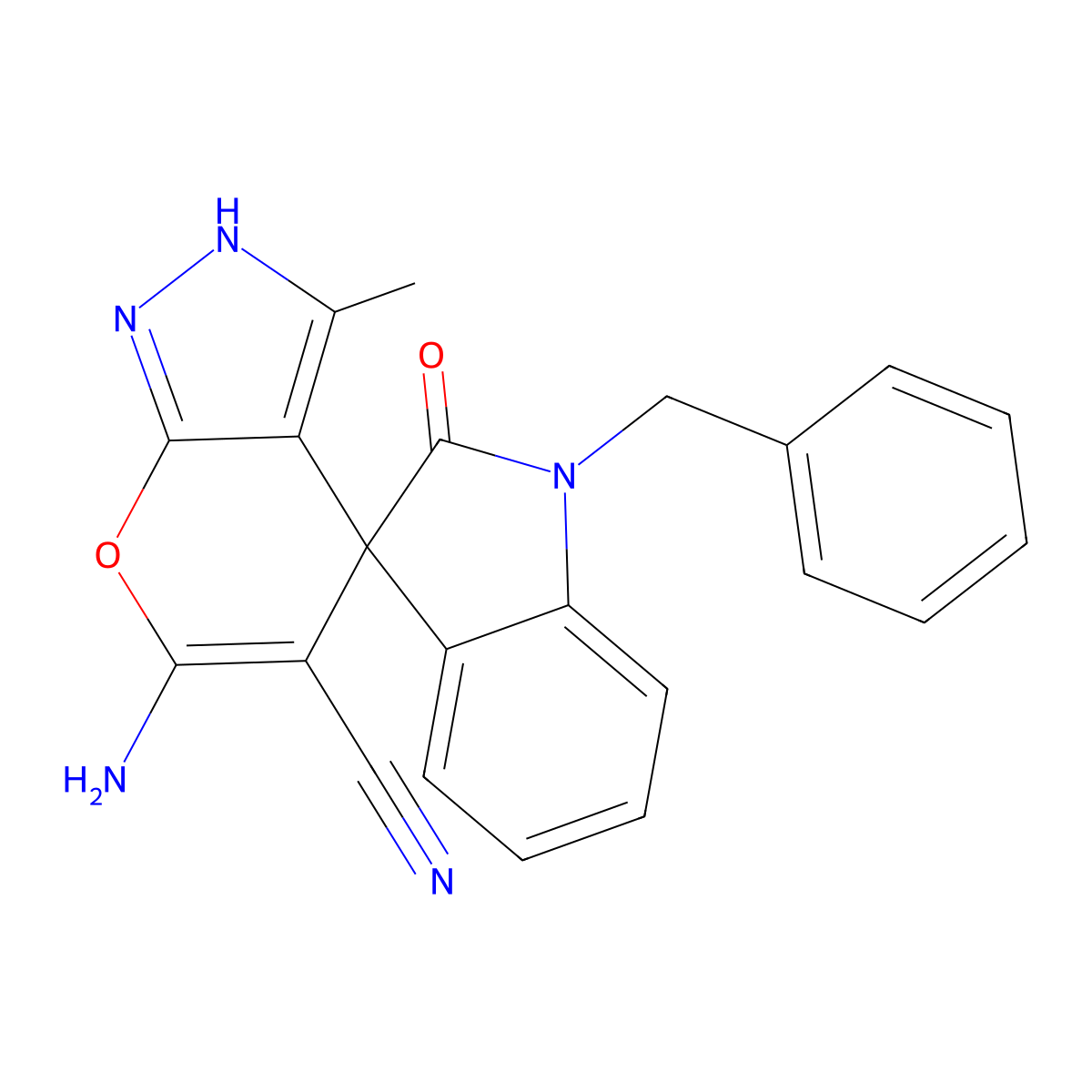 6'-amino-1-benzyl-3'-methyl-2-oxo-1,2-dihydro-1'H-spiro[indole-3,4'-pyrano[2,3-c]pyrazole]-5'-carbonitrile molecular structure, CAS 496805-22-2