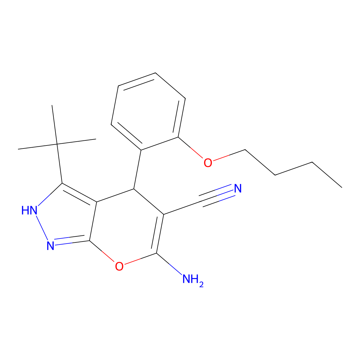 6-Amino-4-(2-butoxyphenyl)-3-tert-butyl-2,4-dihydropyrano[2,3-c]pyrazole-5-carbonitrile molecular structure, CAS 496805-34-6
