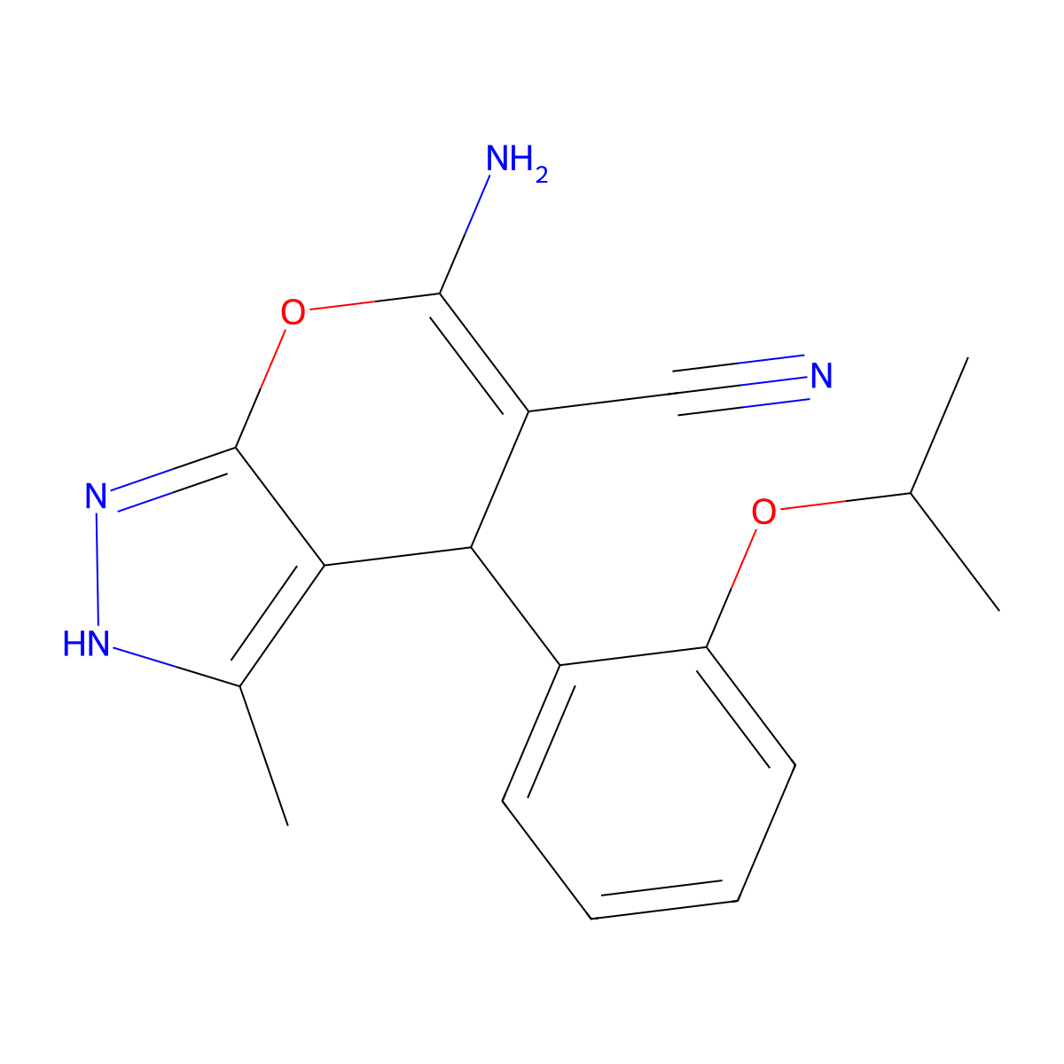 6-Amino-3-methyl-4-{2-[(1-methylethyl)oxy]phenyl}-2,4-dihydropyrano[2,3-c]pyrazole-5-carbonitrile molecular structure, CAS 496805-36-8