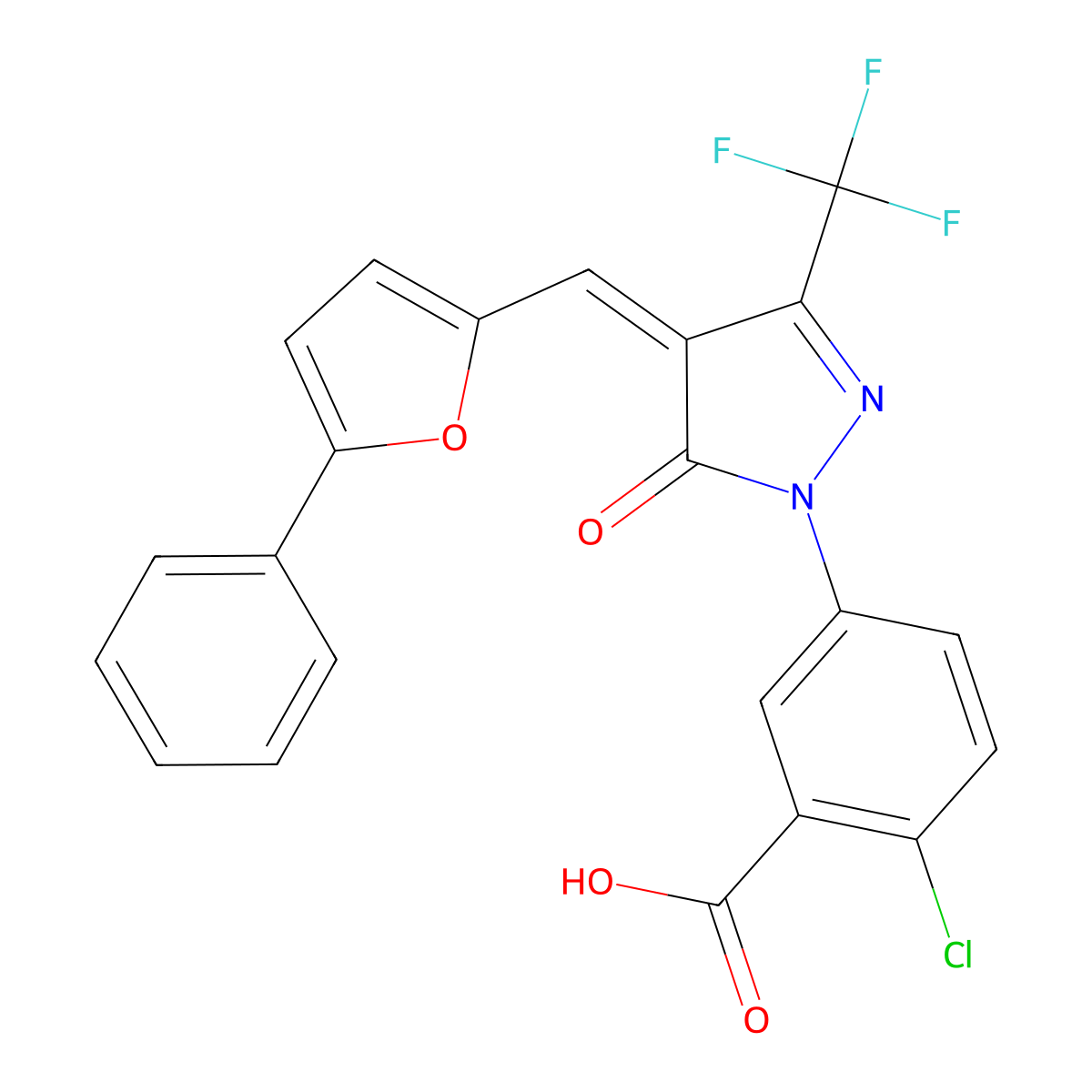 2-chloro-5-[(4Z)-5-oxo-4-[(5-phenylfuran-2-yl)methylidene]-3-(trifluoromethyl)pyrazol-1-yl]benzoic acid molecular structure, CAS 496807-64-8