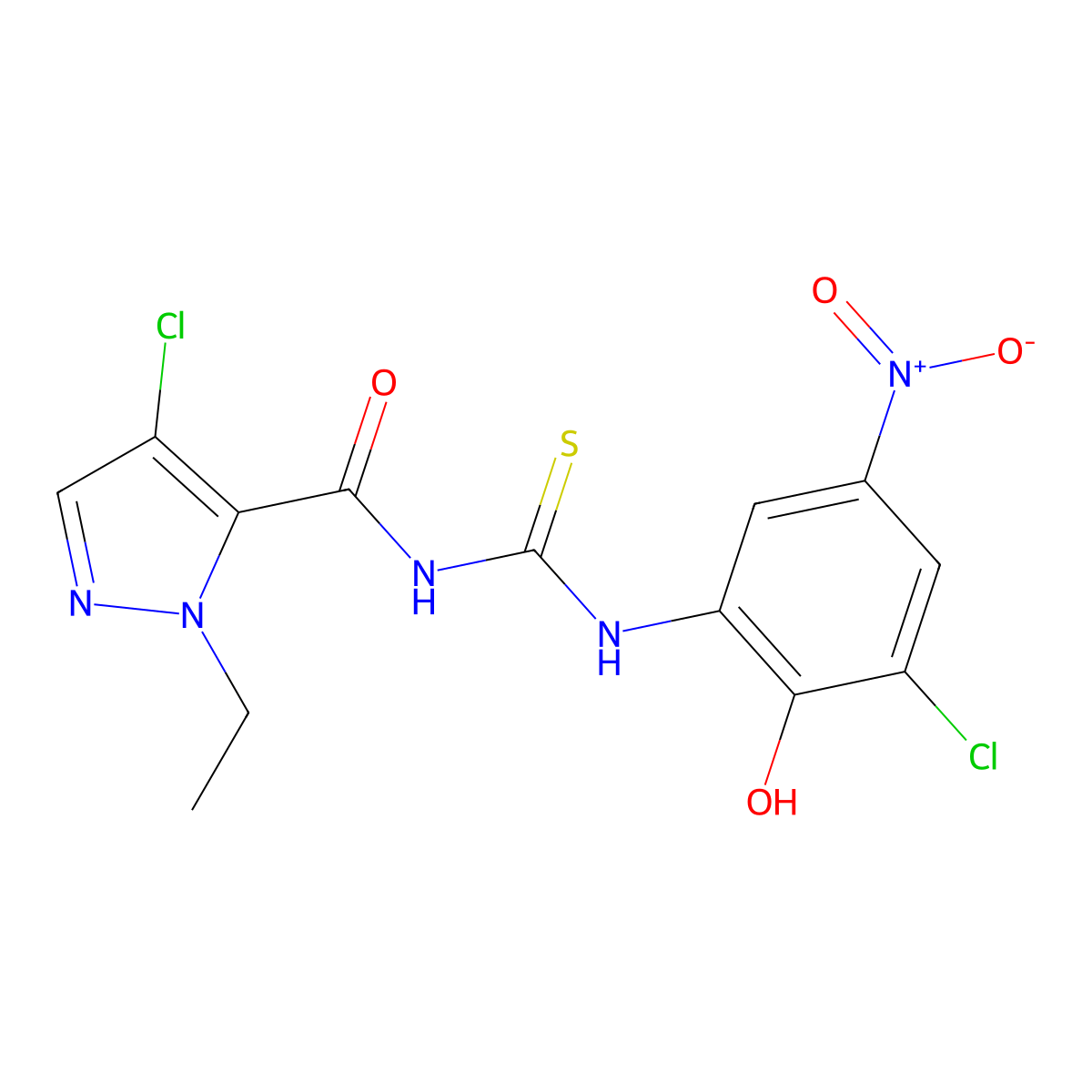 4-chloro-N-[(3-chloro-2-hydroxy-5-nitrophenyl)carbamothioyl]-2-ethylpyrazole-3-carboxamide molecular structure, CAS 496834-34-5