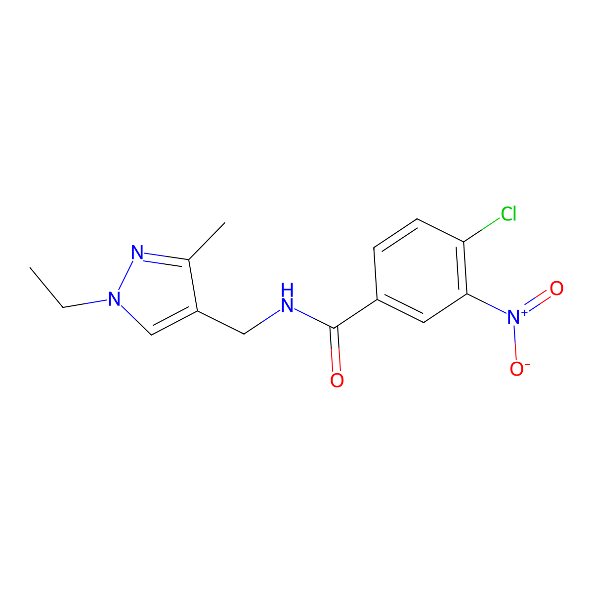 4-chloro-N-[(1-ethyl-3-methyl-1H-pyrazol-4-yl)methyl]-3-nitrobenzamide molecular structure, CAS 496834-52-7