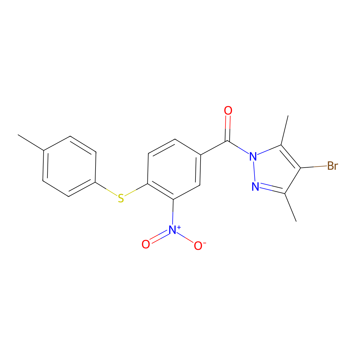 (4-Bromo-3,5-dimethylpyrazol-1-yl)-[4-(4-methylphenyl)sulfanyl-3-nitrophenyl]methanone molecular structure, CAS 496834-53-8