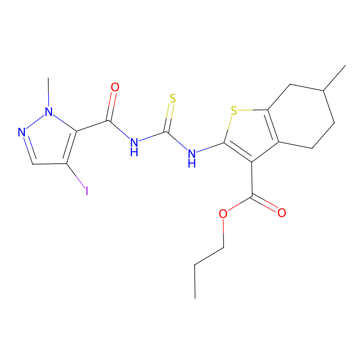 Propyl 2-[(4-iodo-2-methylpyrazole-3-carbonyl)carbamothioylamino]-6-methyl-4,5,6,7-tetrahydro-1-benzothiophene-3-carboxylate molecular structure, CAS 496834-87-8