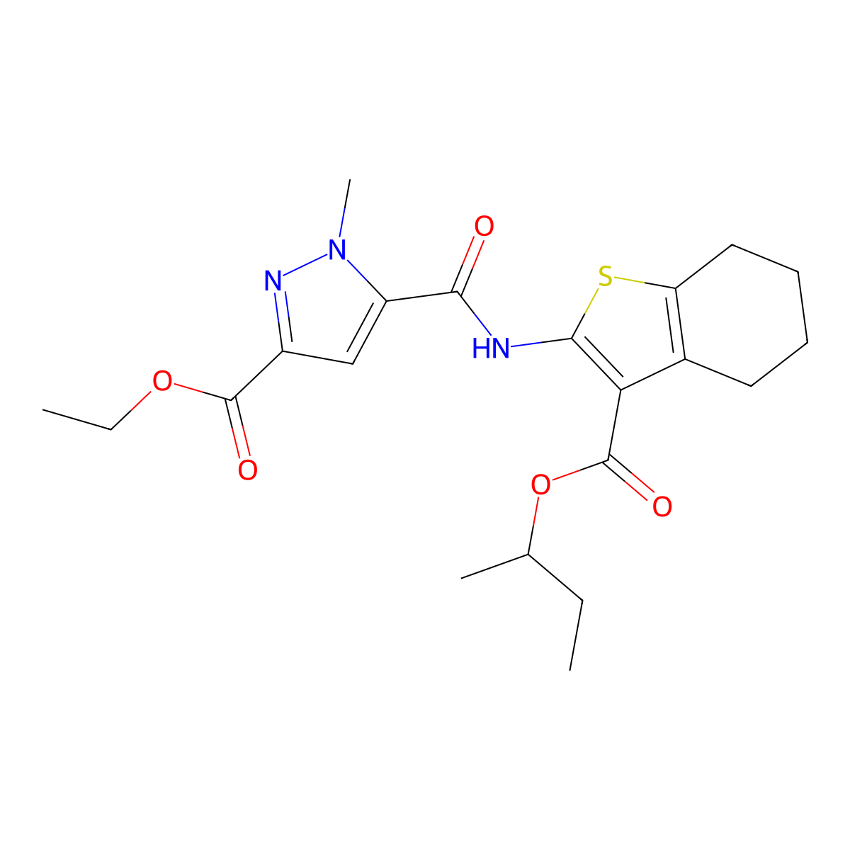 Ethyl 5-[(3-butan-2-yloxycarbonyl-4,5,6,7-tetrahydro-1-benzothiophen-2-yl)carbamoyl]-1-methylpyrazole-3-carboxylate molecular structure, CAS 496834-91-4