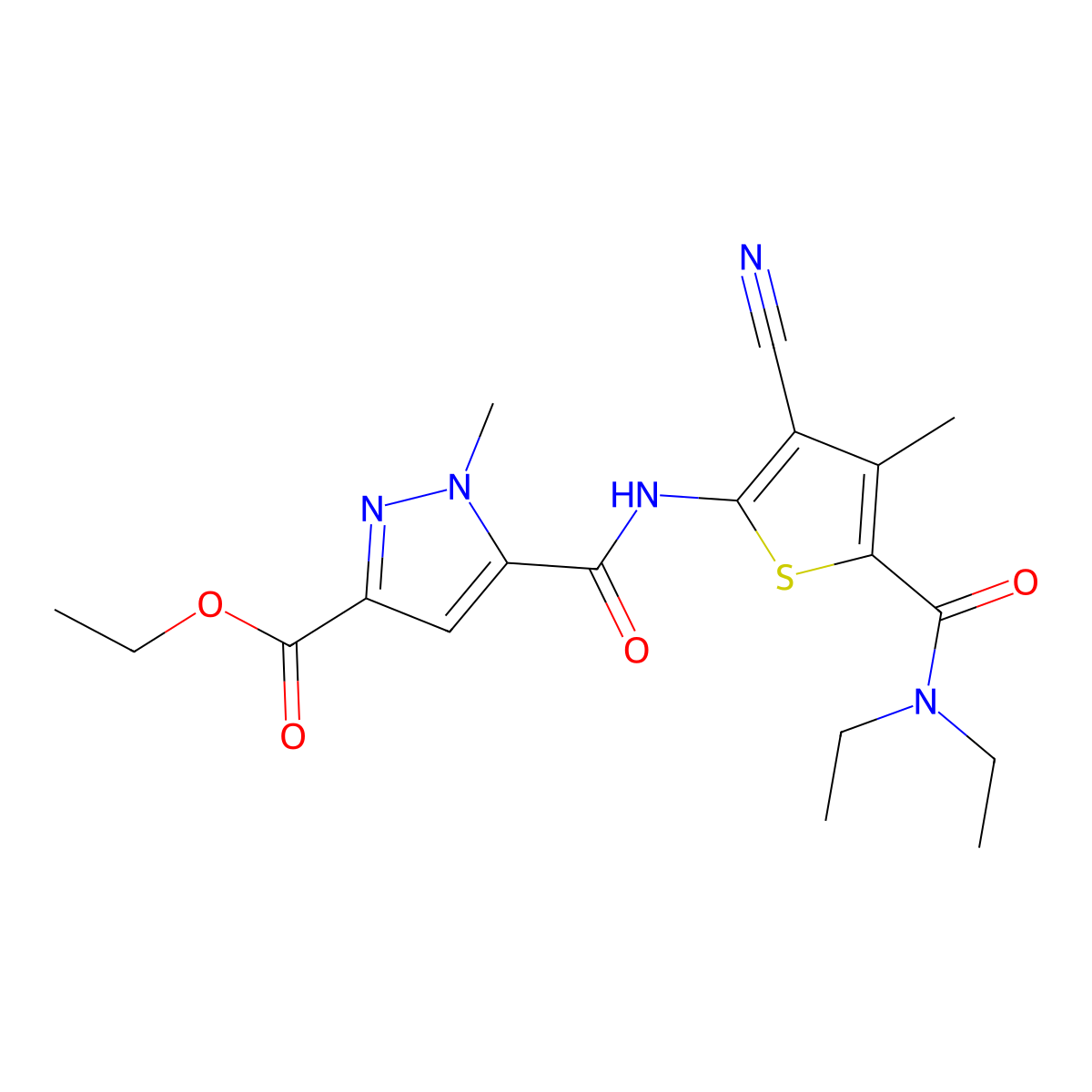 Ethyl 5-[[3-cyano-5-(diethylcarbamoyl)-4-methylthiophen-2-yl]carbamoyl]-1-methylpyrazole-3-carboxylate molecular structure, CAS 496834-96-9